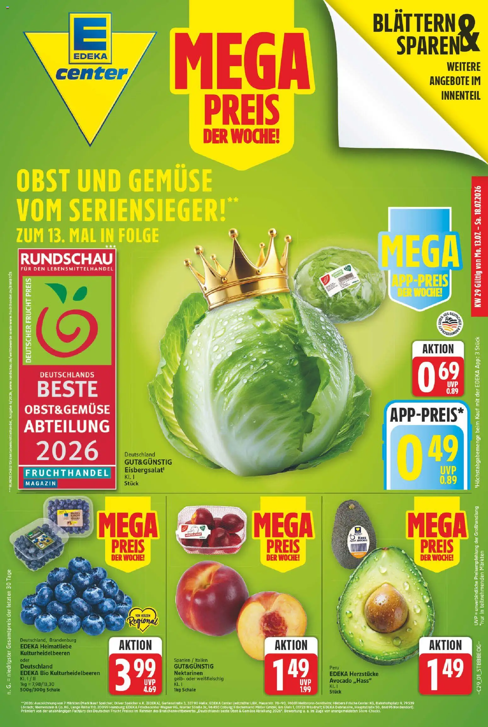 E center Prospekt – gültig ab 13.07.2026 | Seite: 1 | Produkte: Burger, Avocado, Gemüse, Obst