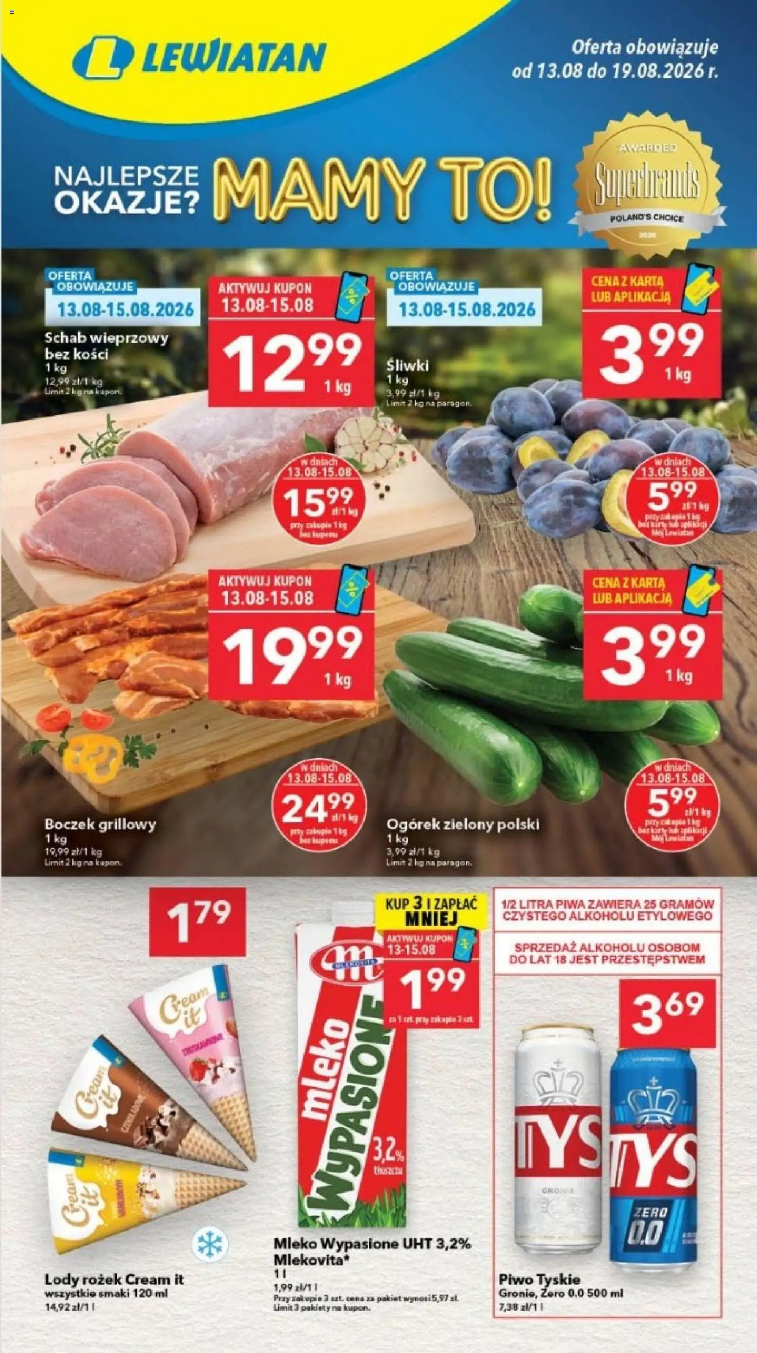 Lewiatan gazetka - Szczecin od 13.08.2026 | Strona: 1 | Produkty: Karta, Schab wieprzowy, Piwo, Lody