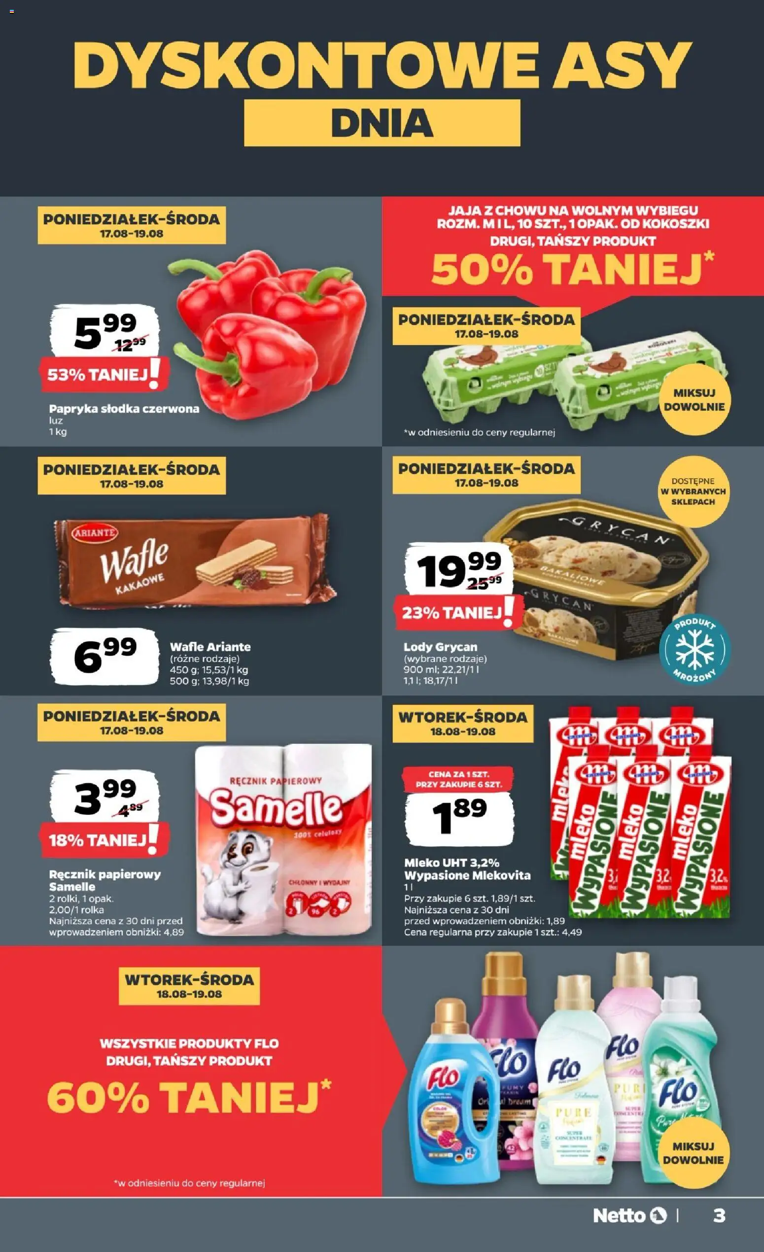 Netto gazetka od poniedziałku od 17.08.2026 | Strona: 3 | Produkty: Wafle, Bell, Mleko UHT, Jaja