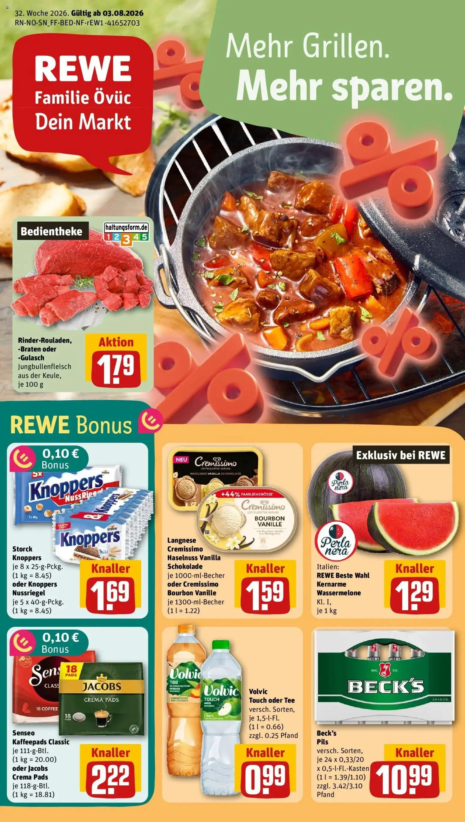 REWE Prospekt ab 03.08.2026 zum Blättern » Angebote | Seite: 1 | Produkte: Pils, Knoppers, Wassermelone, Tee