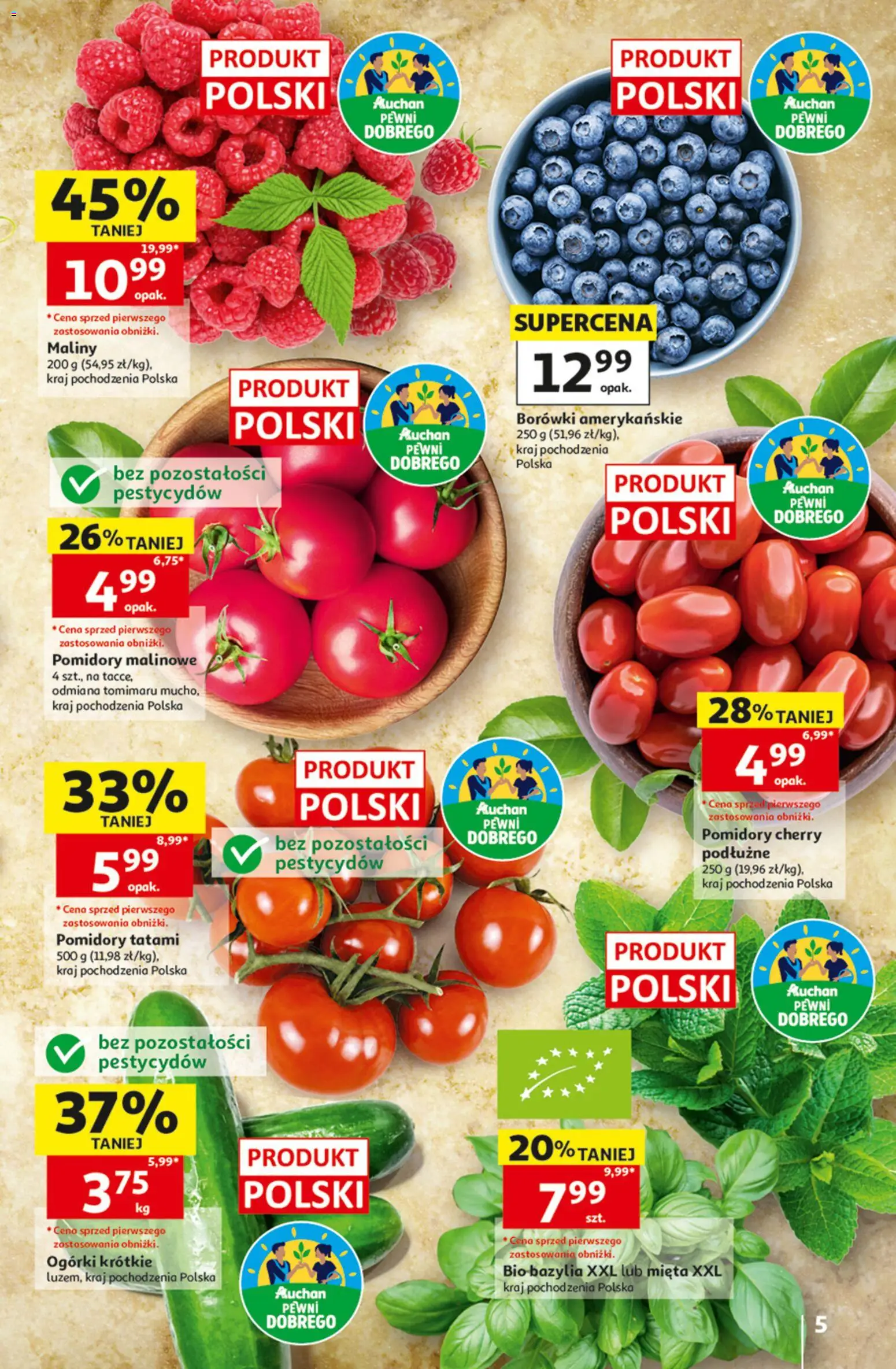 Auchan gazetka - 30 Lat Hipermarket od 09.07.2026 | Strona: 5 | Produkty: Pomidory malinowe, Mięta, Bazylia, Pomidory