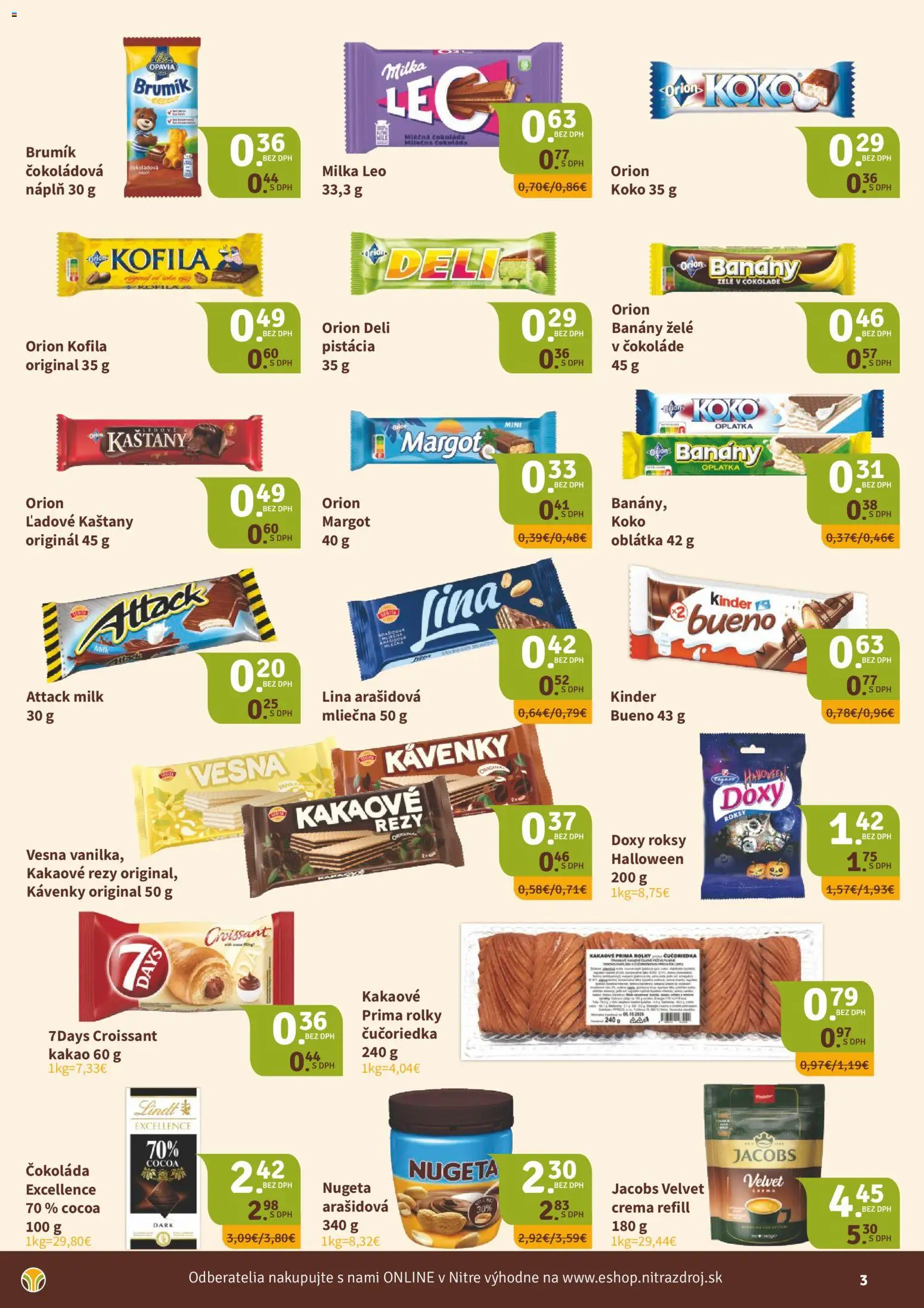 Nové Nitrazdroj akcie – leták je platný od 01.10.2026 | Strana: 3 | Produkty: Banány, Croissant, Čokoláda, Kakao