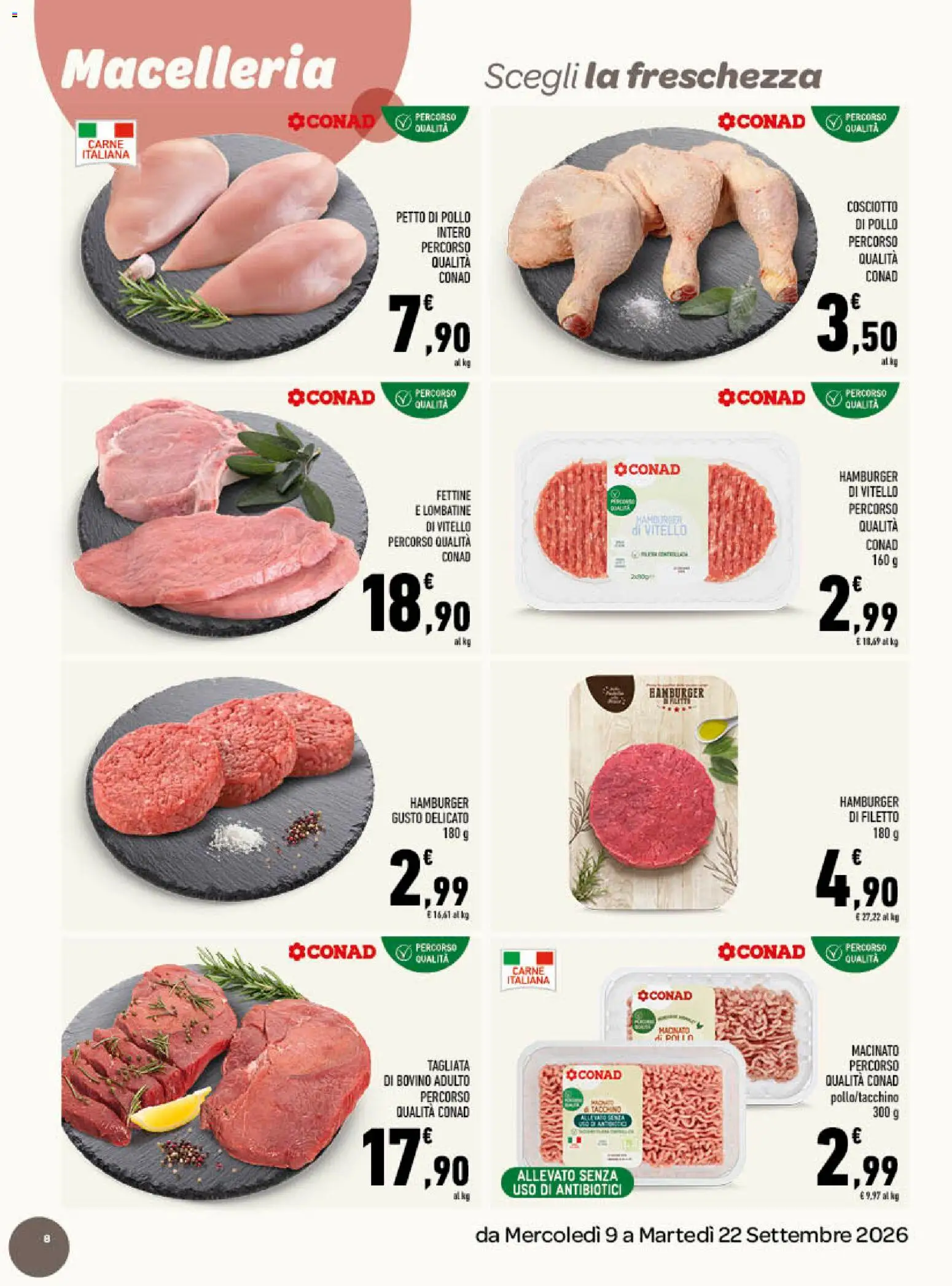 Volantino Conad del 09/09/2026 | Pagina: 8 | Prodotti: Bovino, Pollo intero, Tacchino, Vitello