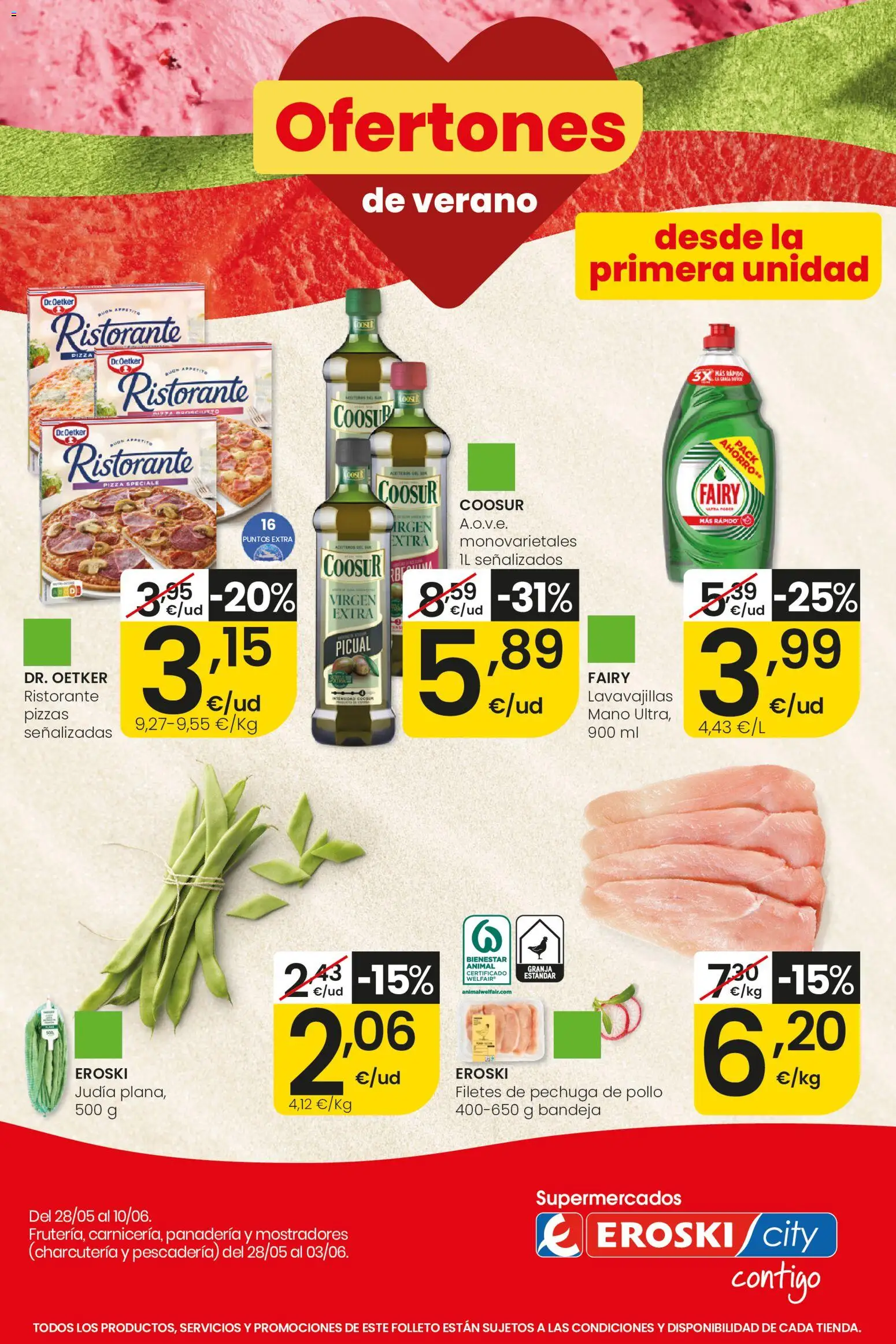 Eroski Ofertones de verano │ válido desde el 28.05.2026 | Página: 1 | Productos: Δισκέτα, Pizza, Lavavajillas, Bandeja