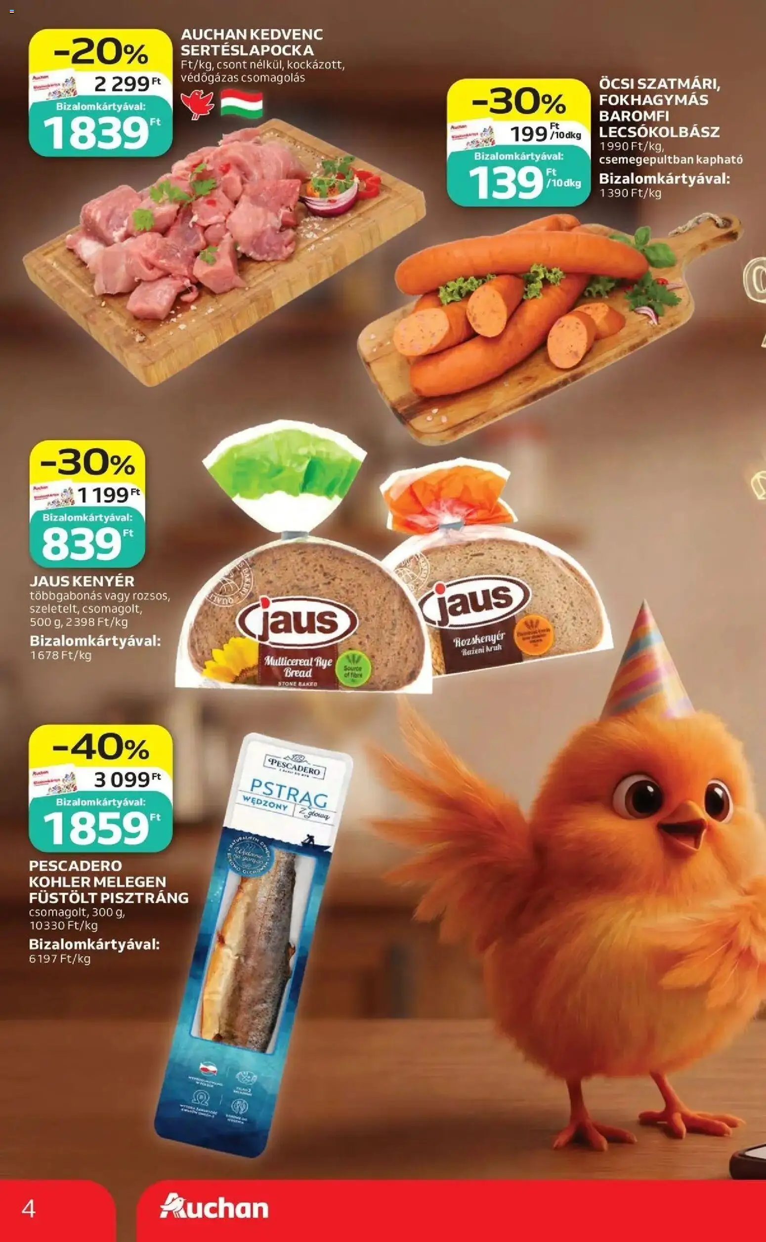 Auchan akciós ujság - amely érvényes a következő dátumtól: 07.05.2026 | Oldal: 4 | Termékek: Sertéslapocka, Pisztráng, Rozskenyér, Lecsókolbász