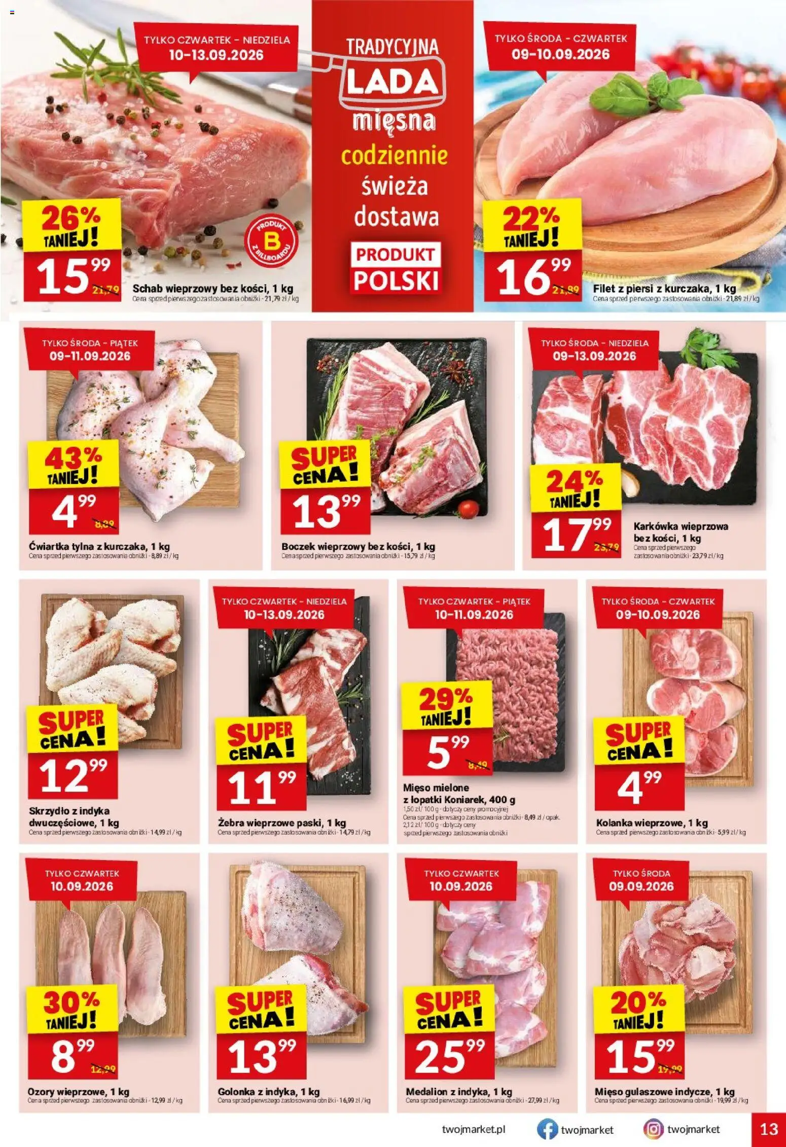 Twój Market gazetka od 09.09.2026 | Strona: 13 | Produkty: Golonka, Boczek wieprzowy, Mięso mielone, Boczek