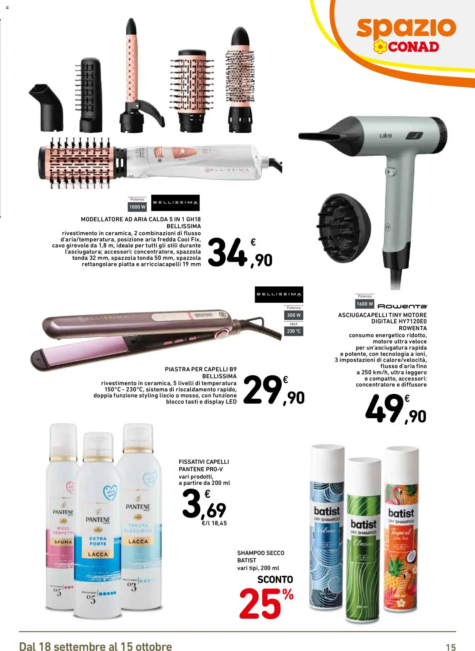 Volantino Spazio Conad del 18/09/2026 | Pagina: 15 | Prodotti: Shampoo, Cavo, Asciugacapelli, Piastra per capelli