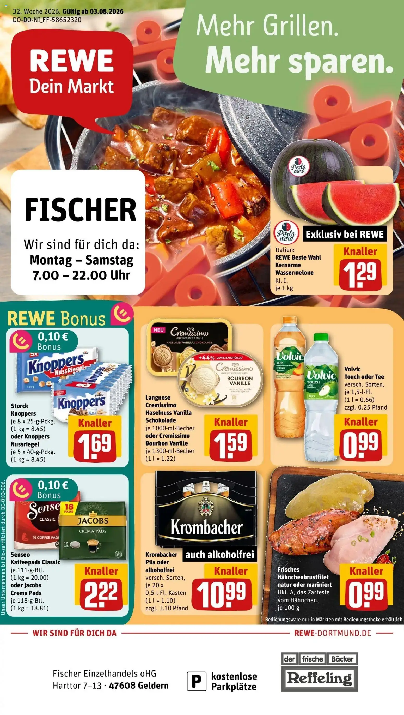 REWE Prospekt ab 03.08.2026 zum Blättern » Angebote | Seite: 1 | Produkte: Senseo, Schokolade, Wassermelone, Tee