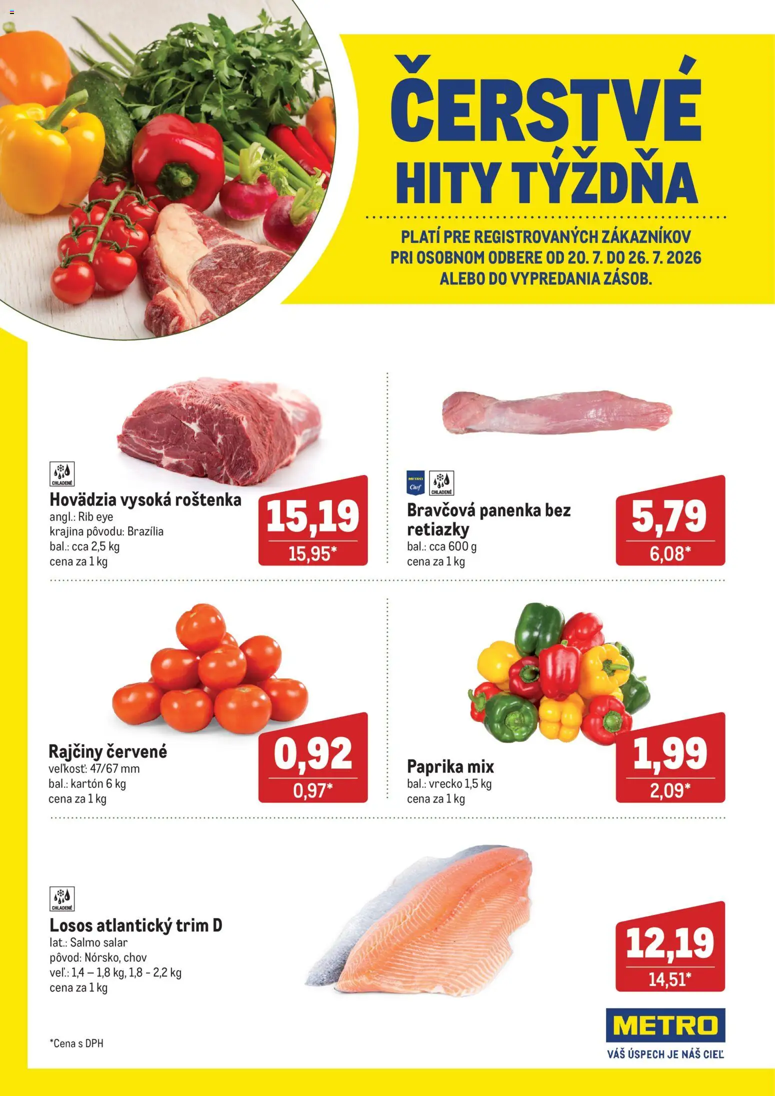 Nové Metro akcie – leták je platný od 20.07.2026 | Strana: 1 | Produkty: Paprika, Bravčová panenka, Losos