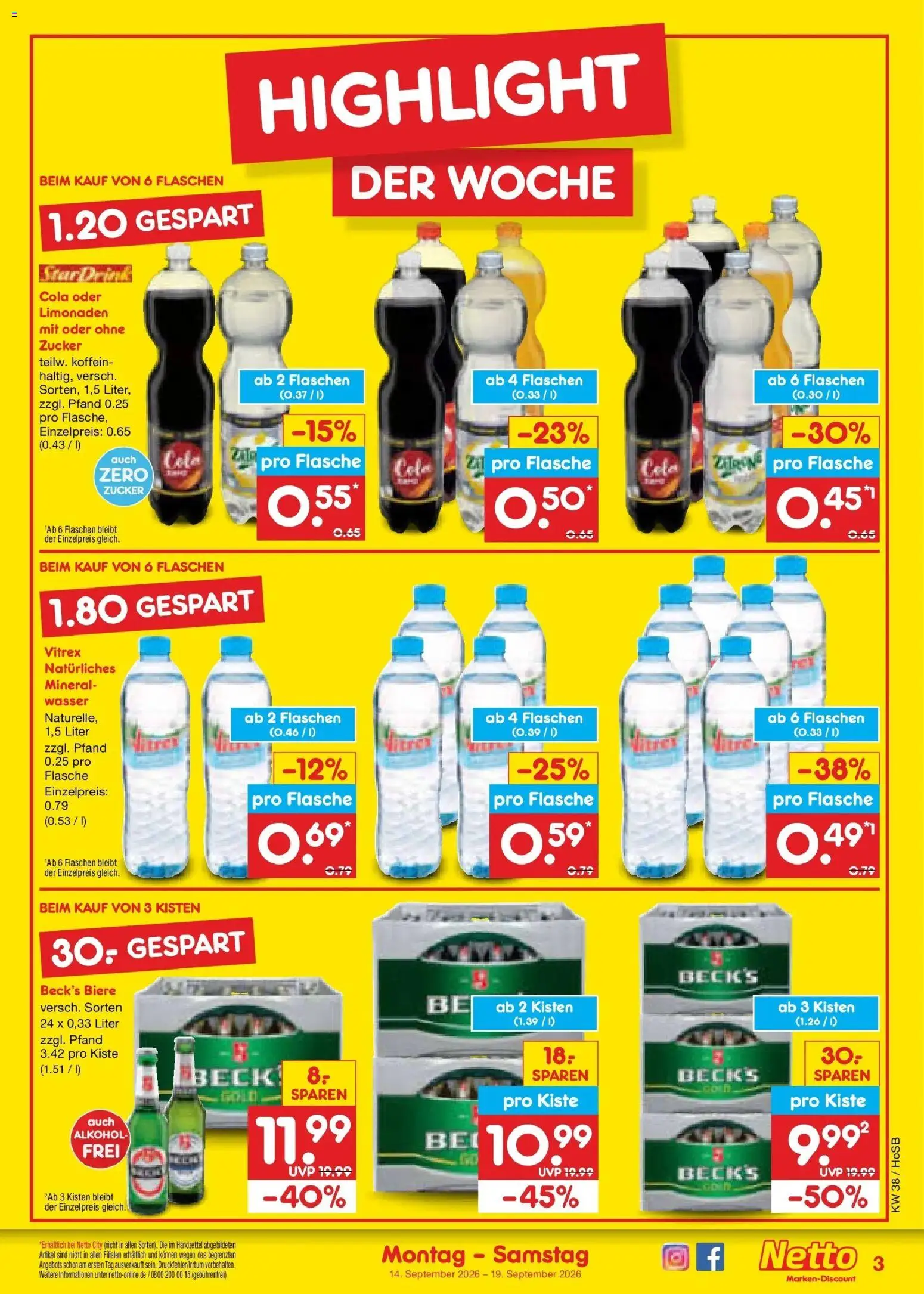 Netto Marken-Discount Prospekt Hannover – gültig ab 14.09.2026 | Seite: 3 | Produkte: Cola, Wasser, Zucker, Zitrone