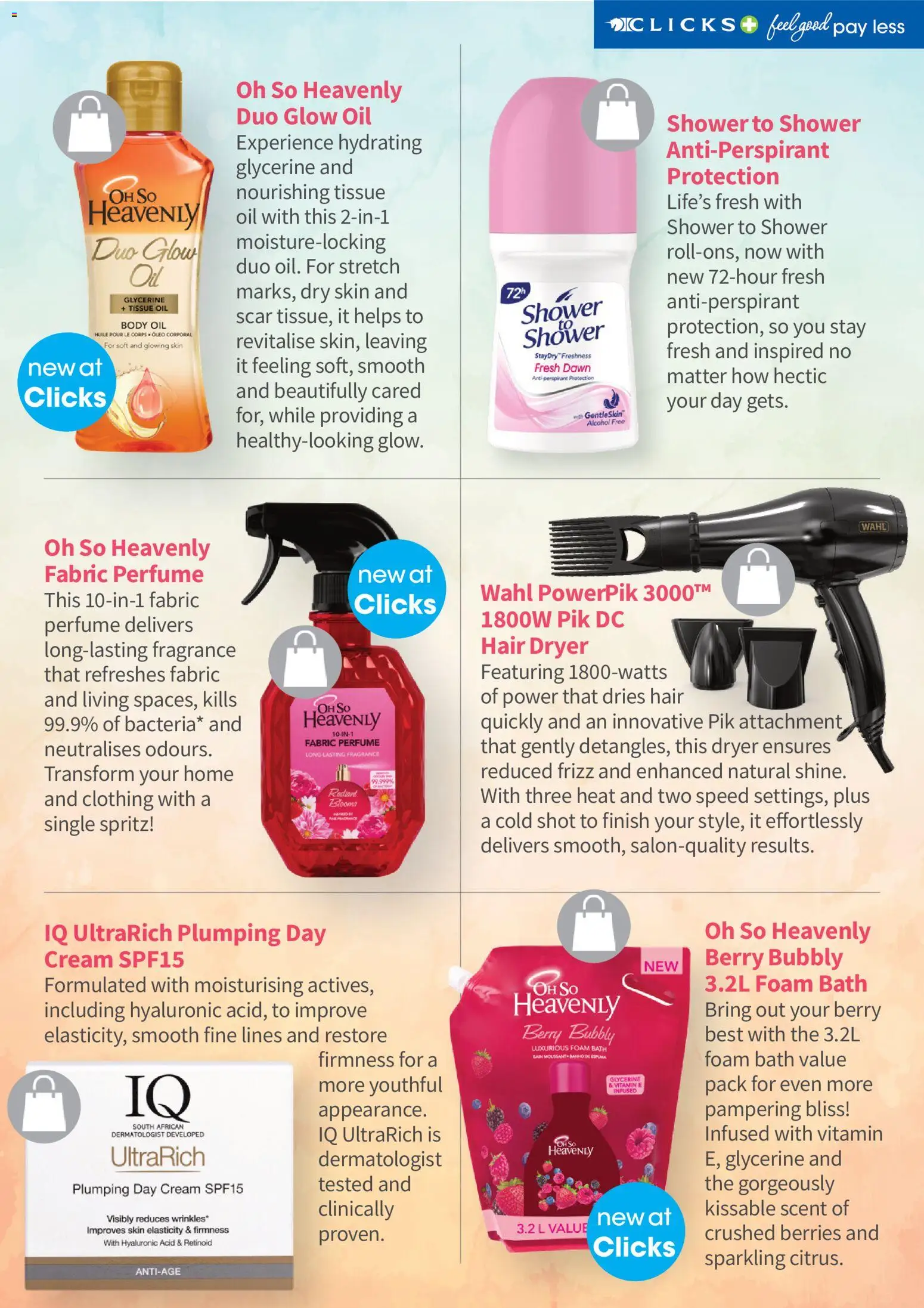 New Clicks catalogue – valid from 01.06.2026 | Page: 57 | Products: Tissue oil, Hair dryer, Fragrance, Bath foam