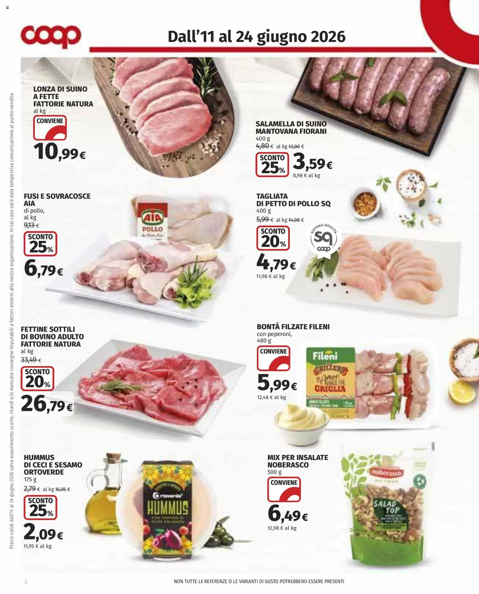Volantino COOP del 11.06.2026 | Pagina: 4 | Prodotti: Petto di Pollo, Salamella, Ceci, Hummus