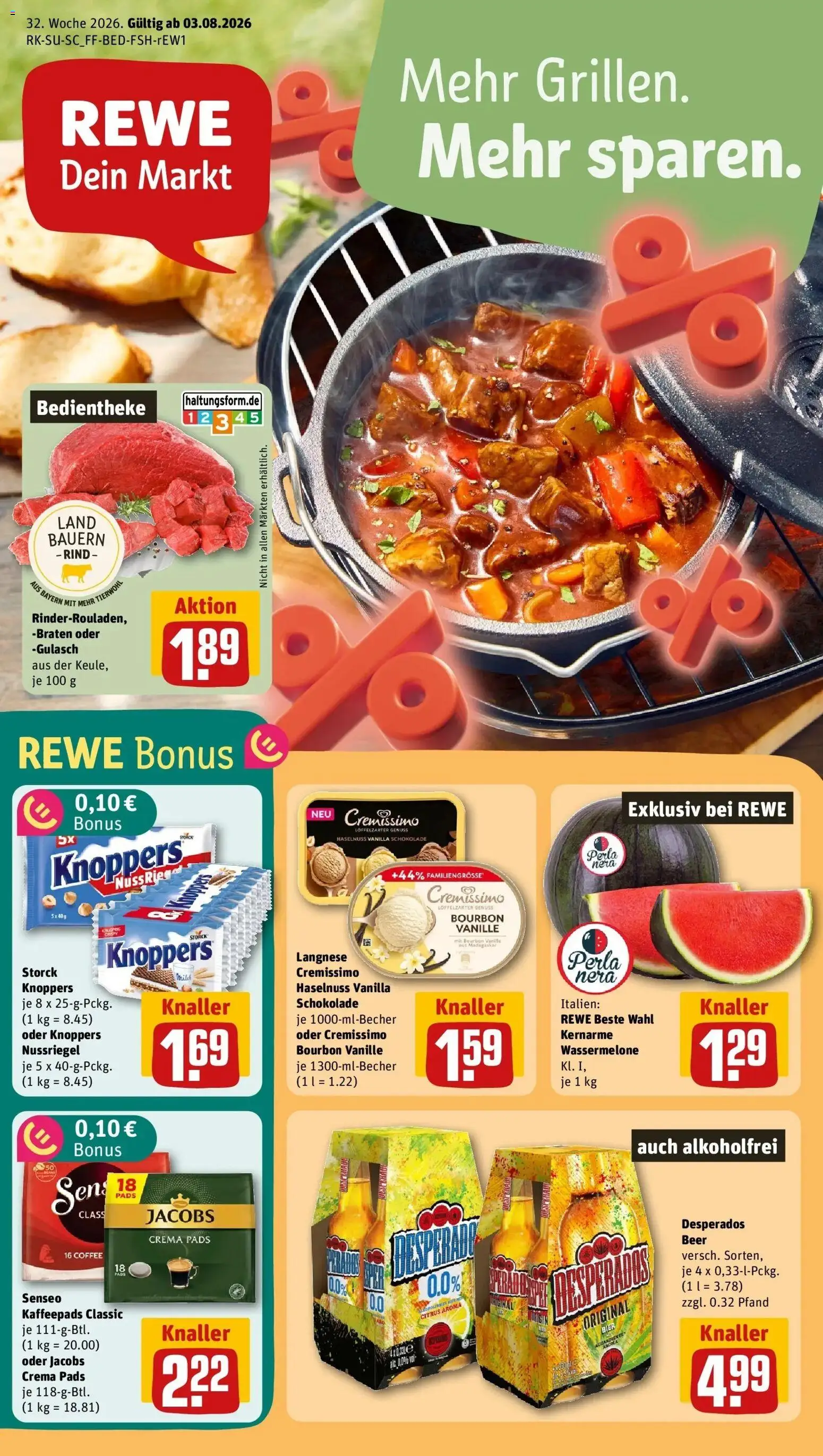 REWE Prospekt ab 03.08.2026 zum Blättern » Angebote | Seite: 1 | Produkte: Senseo, Schokolade, Knoppers, Bourbon