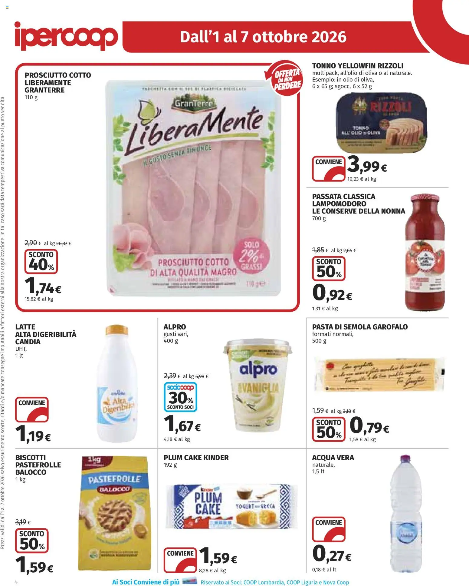 Volantino Ipercoop del 01/10/2026 | Pagina: 4 | Prodotti: Acqua, Pasta di semola, Prosciutto, Pasta