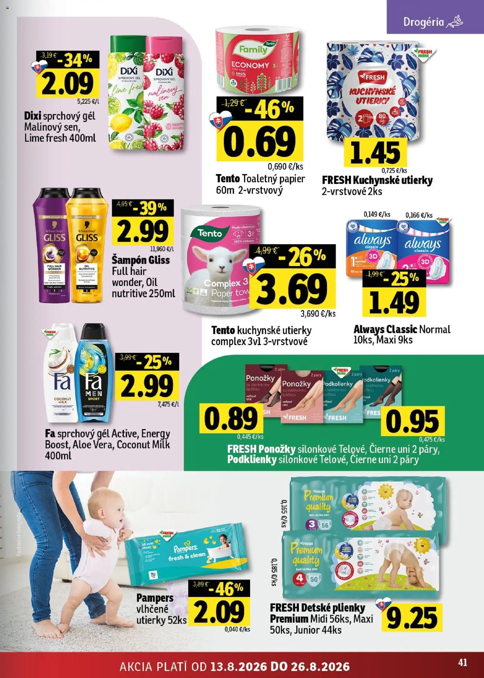 Nové Fresh akcie – leták je platný od 13.08.2026 | Strana: 41 | Produkty: Šampón, Sprchový gél, Ponožky, Pampers