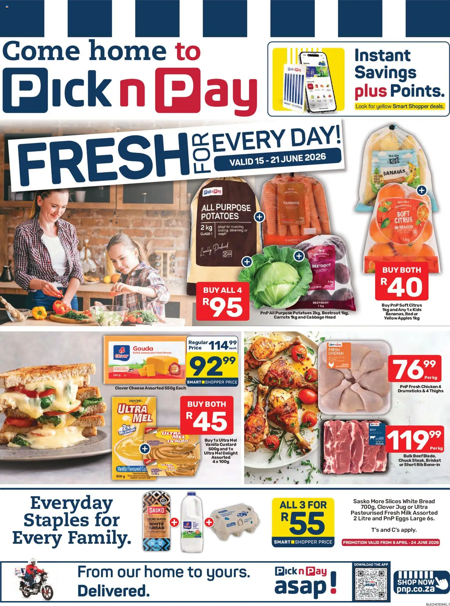 New Pick n Pay catalogue – valid from 15.06.2026 | Page: 1 | Products: Custard, Cheese, Chicken, Carrots