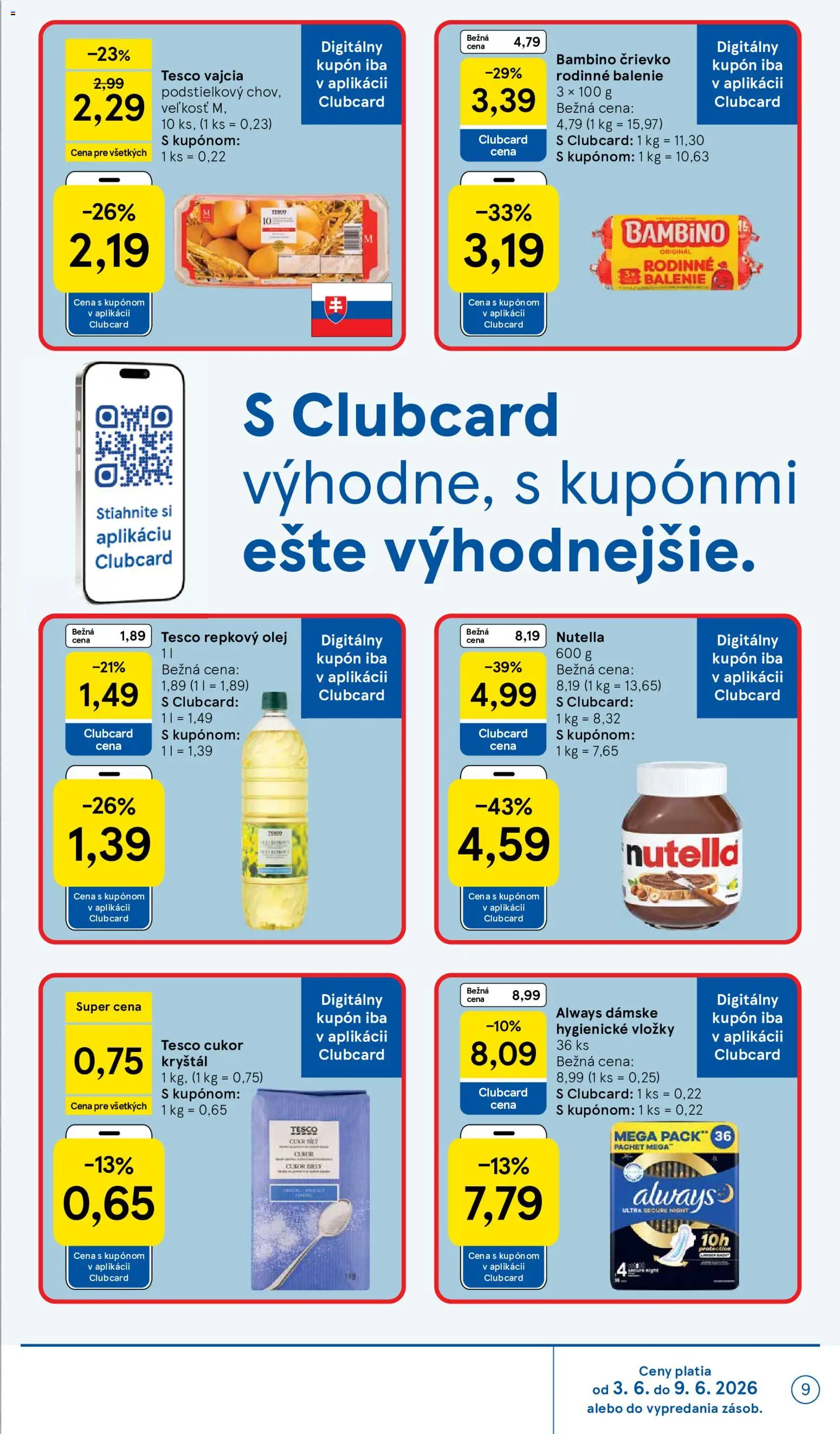 Nové Tesco akcie – leták je platný od 03.06.2026 | Strana: 9 | Produkty: Vajcia, Olej, Jar, Nutella