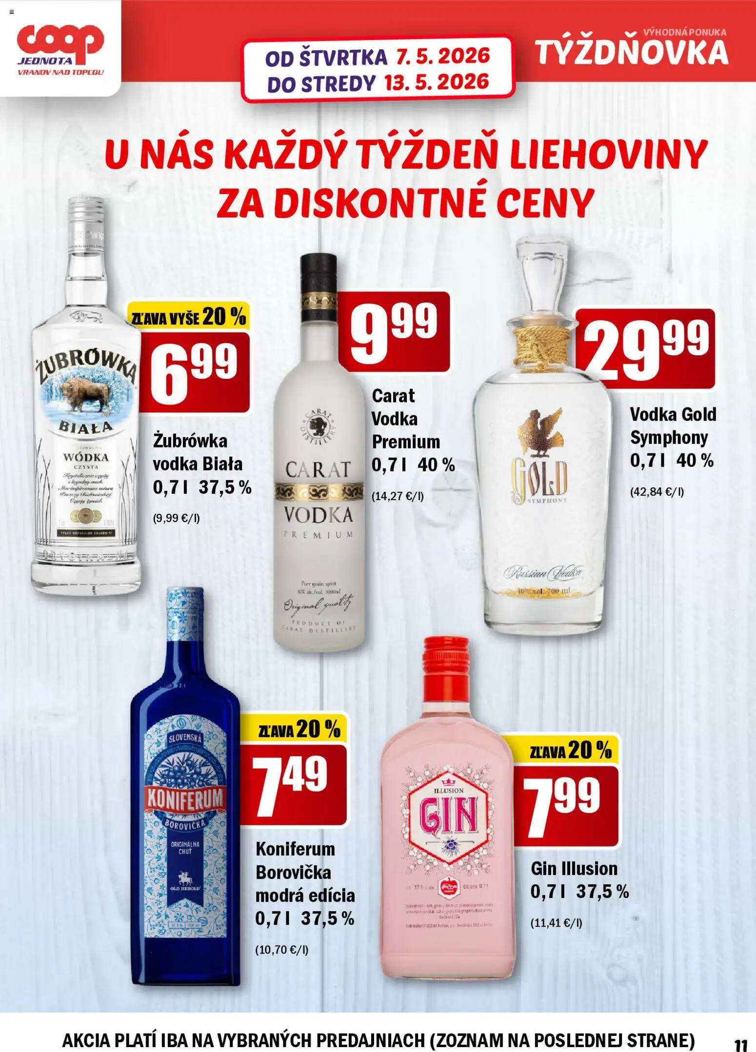Nové COOP Jednota akcie – leták je platný od 07.05.2026 | Strana: 11 | Produkty: Borovička, Koniferum, Gin, Vodka
