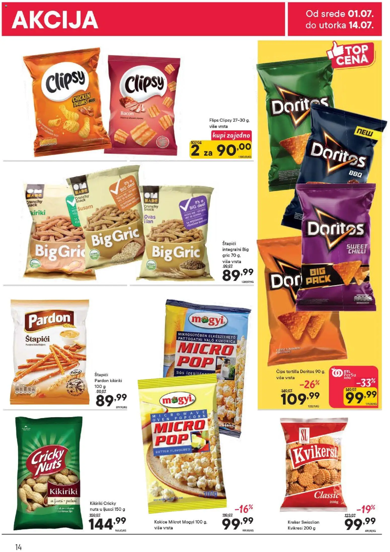 PerSu katalog - važi od 01.07.2026 | Strana: 14 | Proizvode: Čips, Kikiriki, Doritos, Pečeni kikiriki
