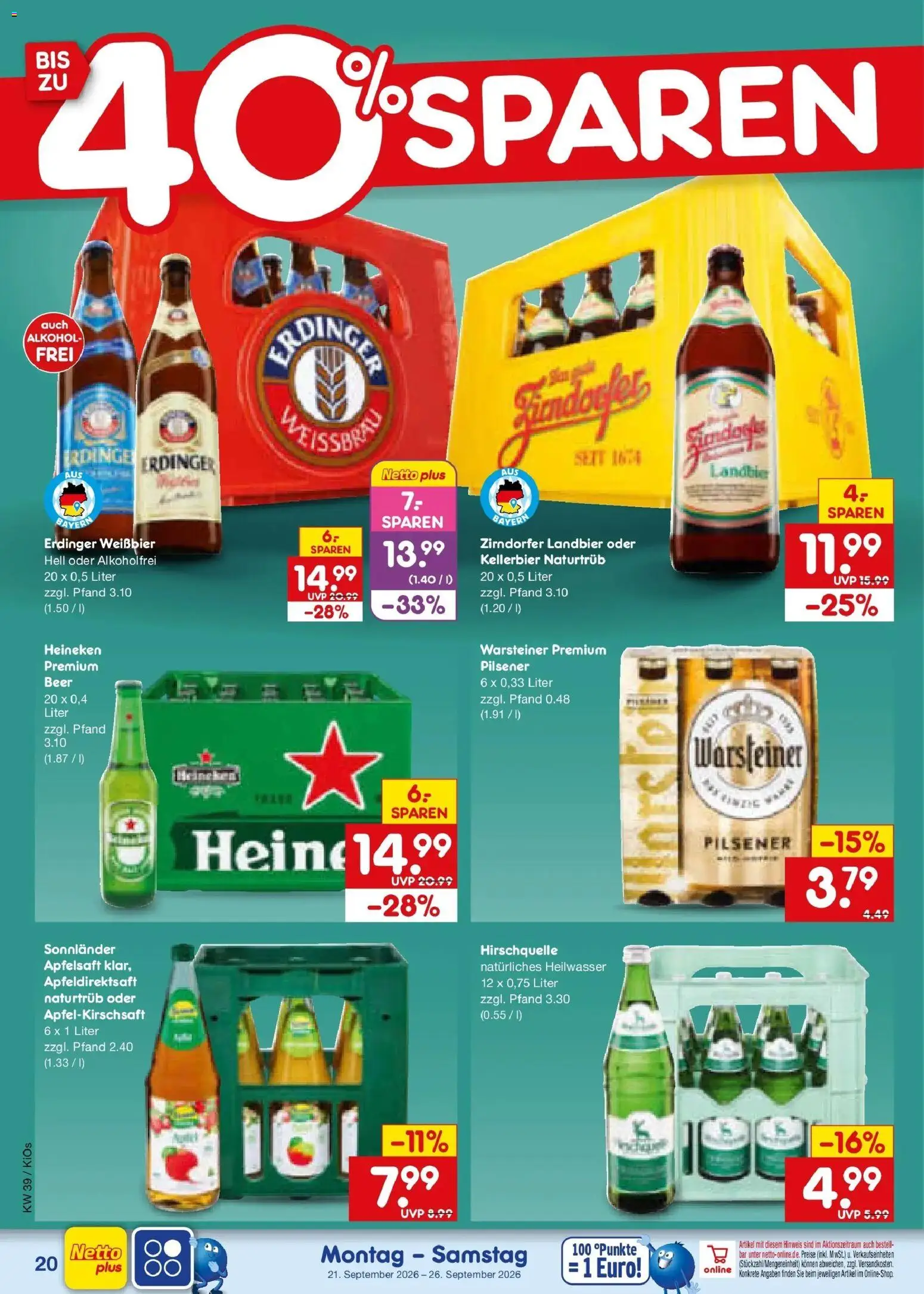 Netto Marken-Discount Prospekt Mistelbach – gültig ab 21.09.2026 | Seite: 28 | Produkte: Erdinger, Apfelsaft, Heineken, Alkohol