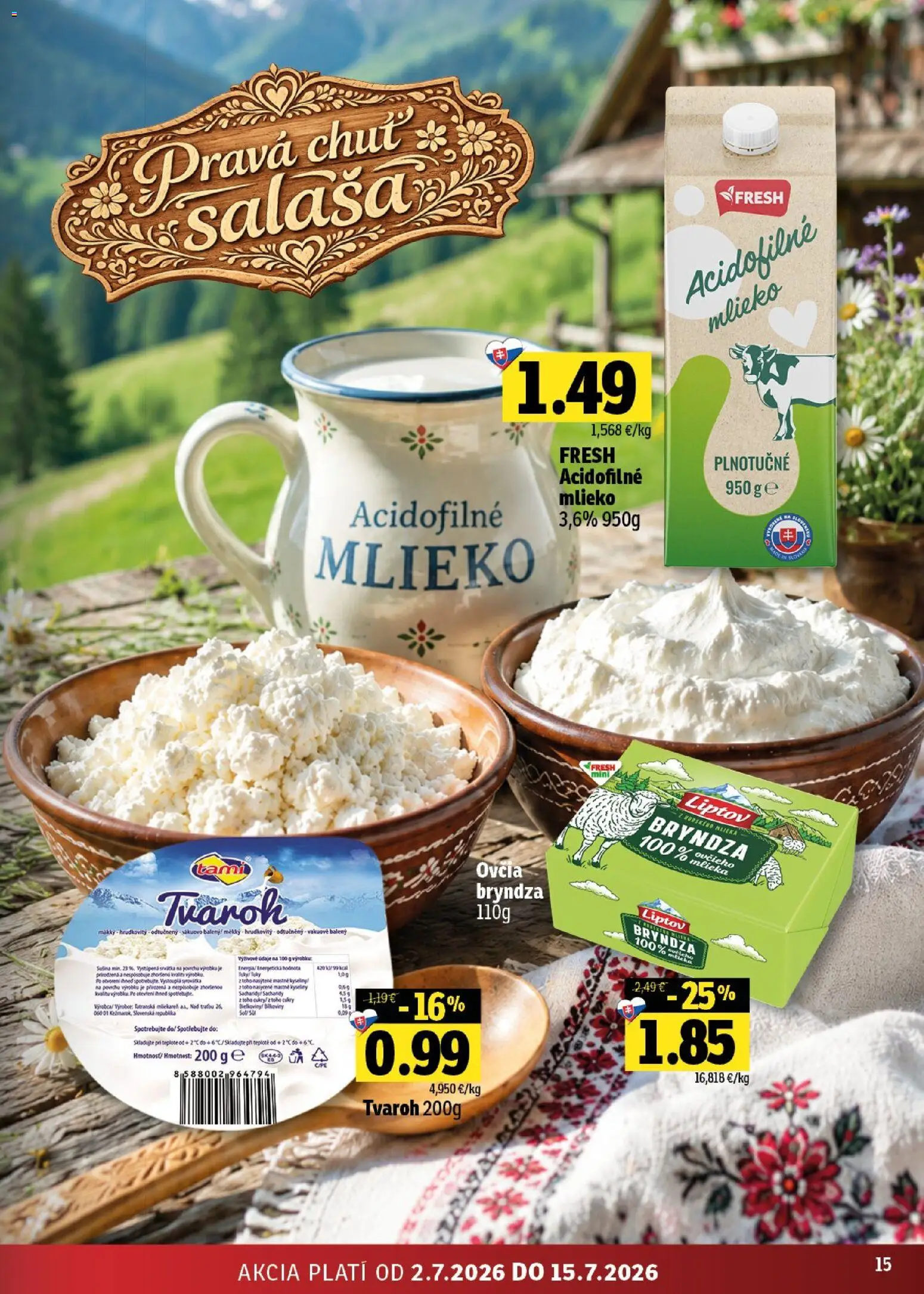 Nové Fresh akcie – leták je platný od 02.07.2026 | Strana: 15 | Produkty: Mlieko, Bryndza, Tvaroh