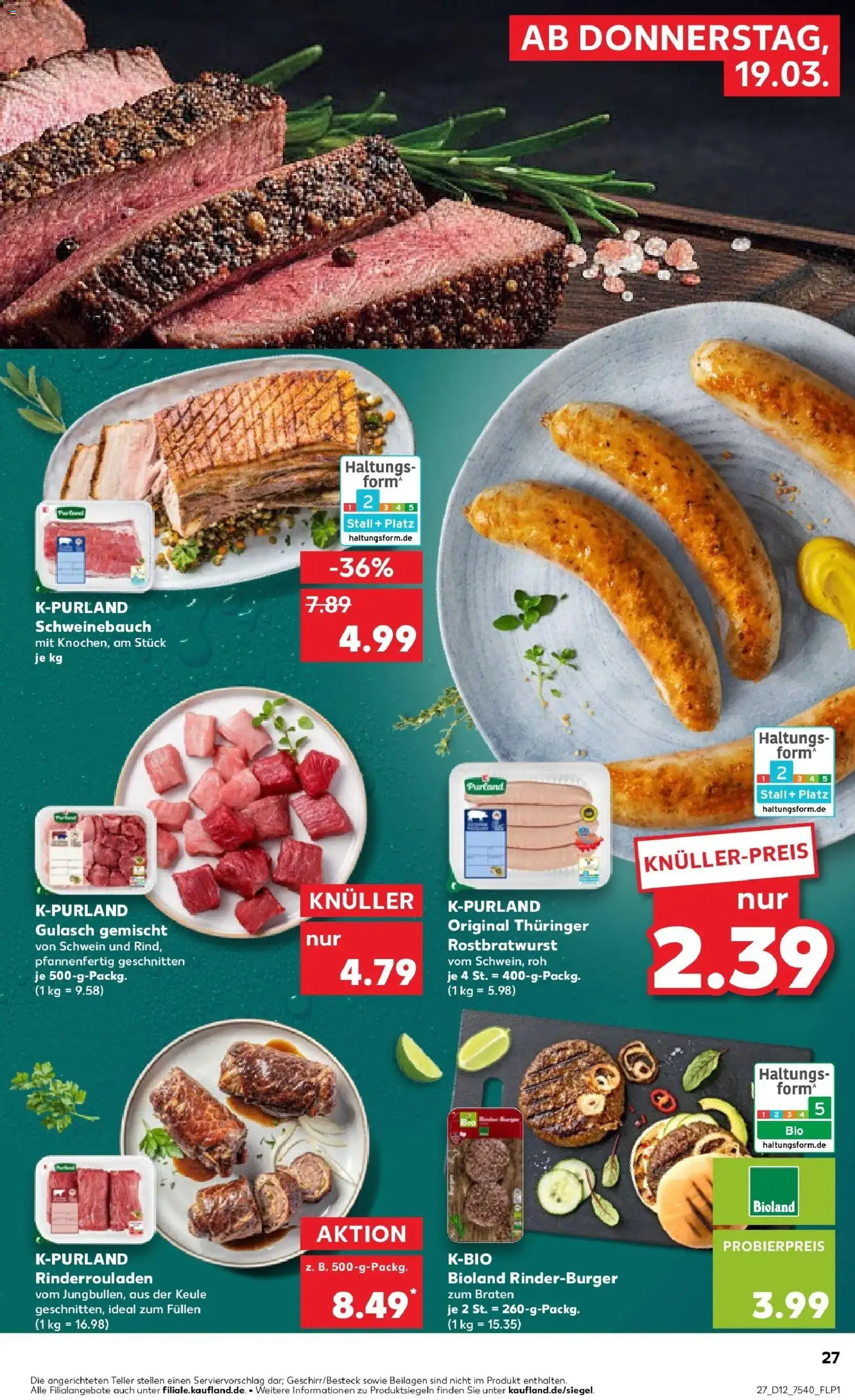 Kaufland Prospekt Annaberg-Buchholz	 – gültig ab 19.03.2026 | Seite: 27 | Produkte: Rinderrouladen, Schweinebauch, Burger, Gulasch