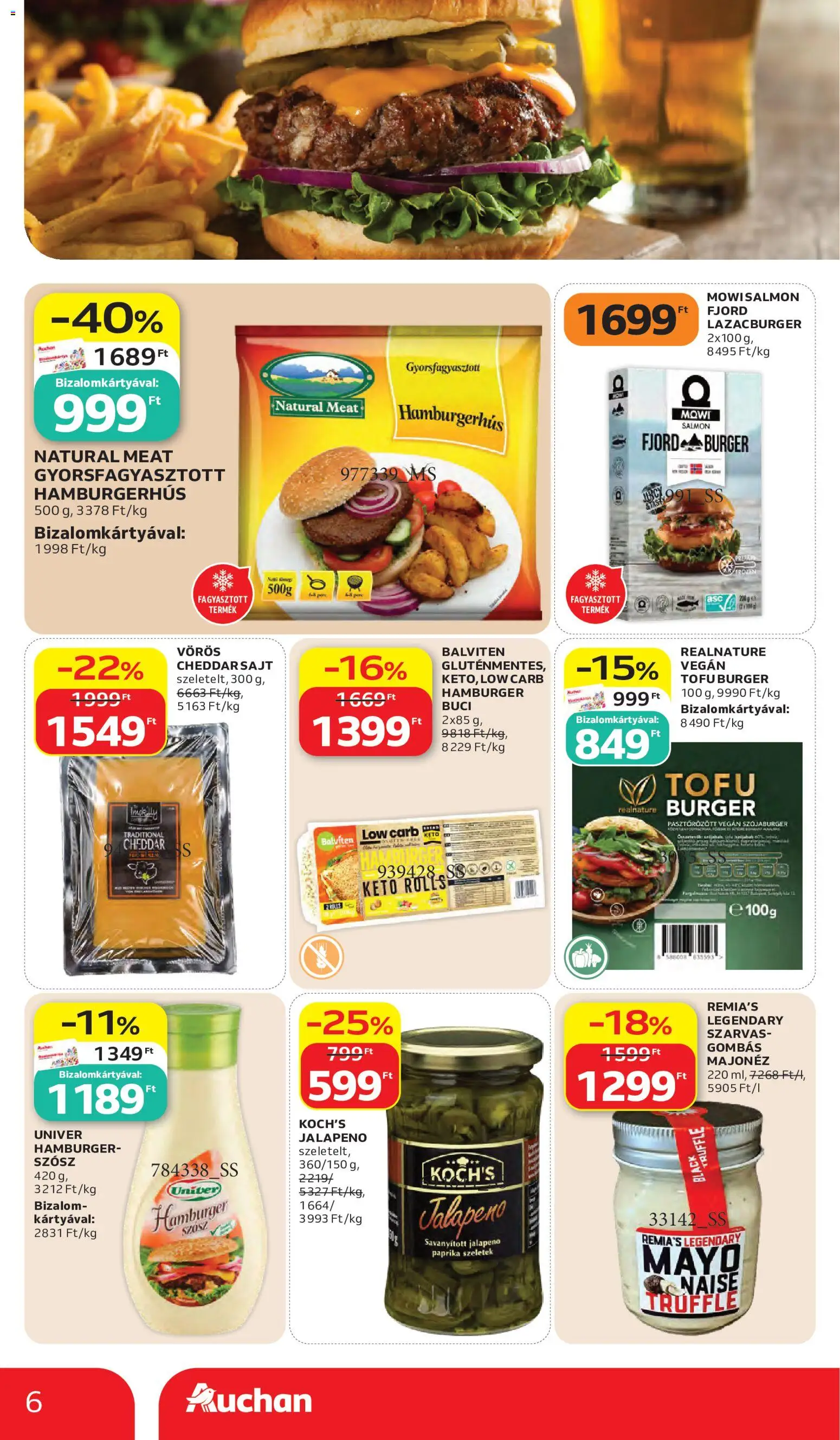 Auchan akciós ujság - amely érvényes a következő dátumtól: 28.05.2026 | Oldal: 6 | Termékek: Cheddar, Vegán, Majonéz, Szósz