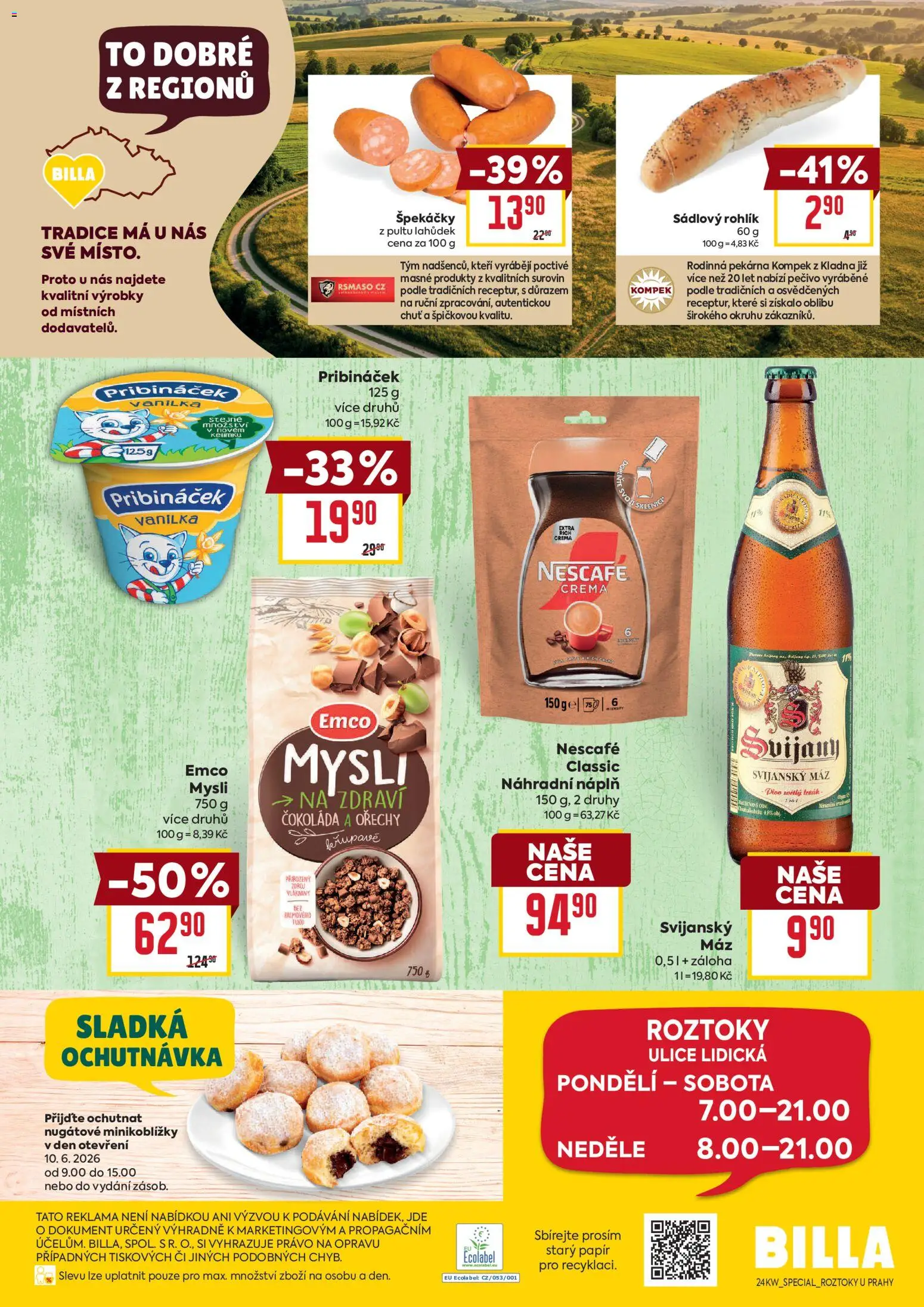 Billa leták - Roztoky od 10.06.2026 | Strana: 4 | Produkty: Ořechy, Pribináček, Nescafé, Crema