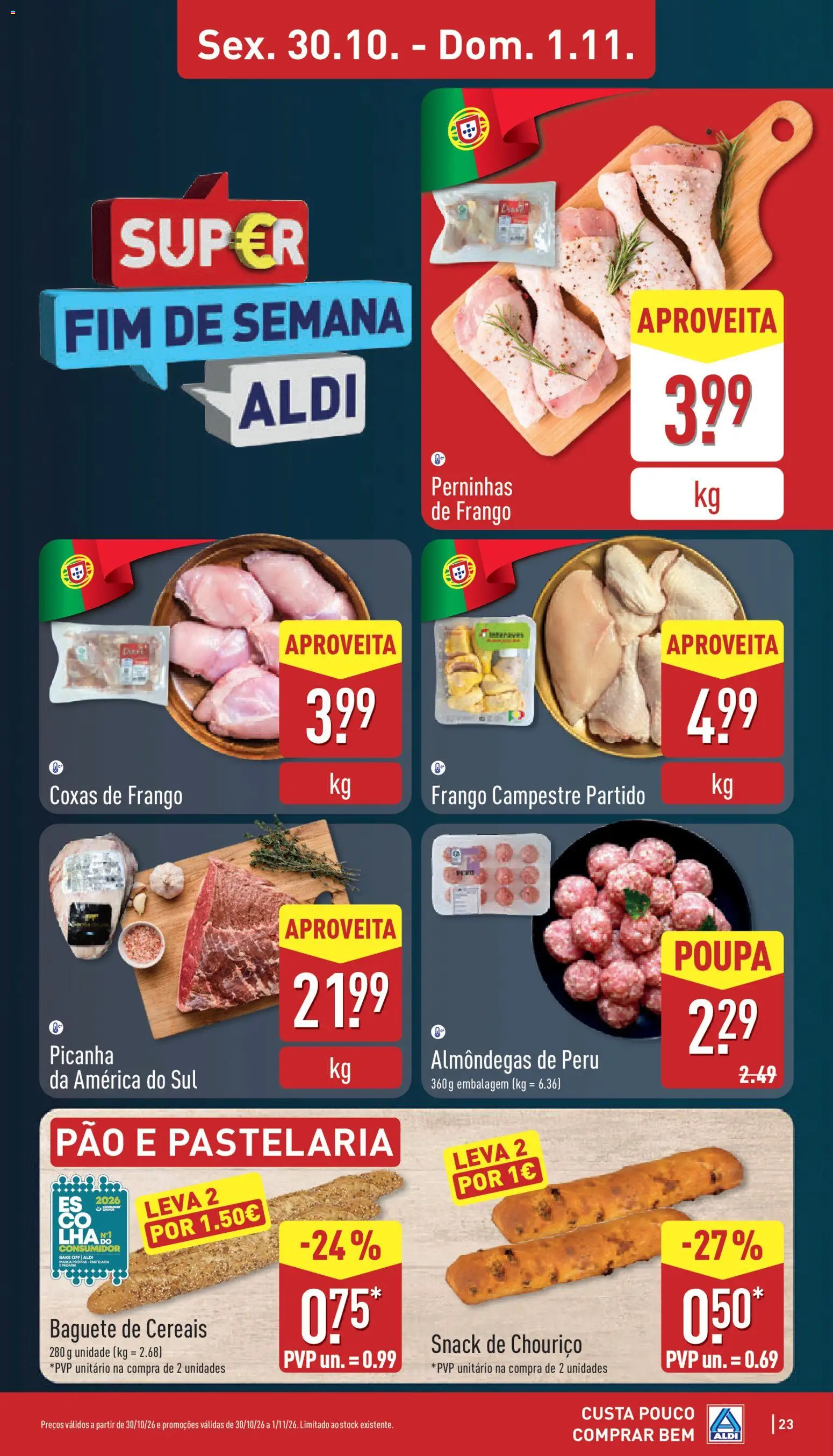 Aldi folheto │ válido de 26/10/2026 | Página: 23 | Produtos: Peru, Perninhas de frango, Chouriço, Pão e pastelaria