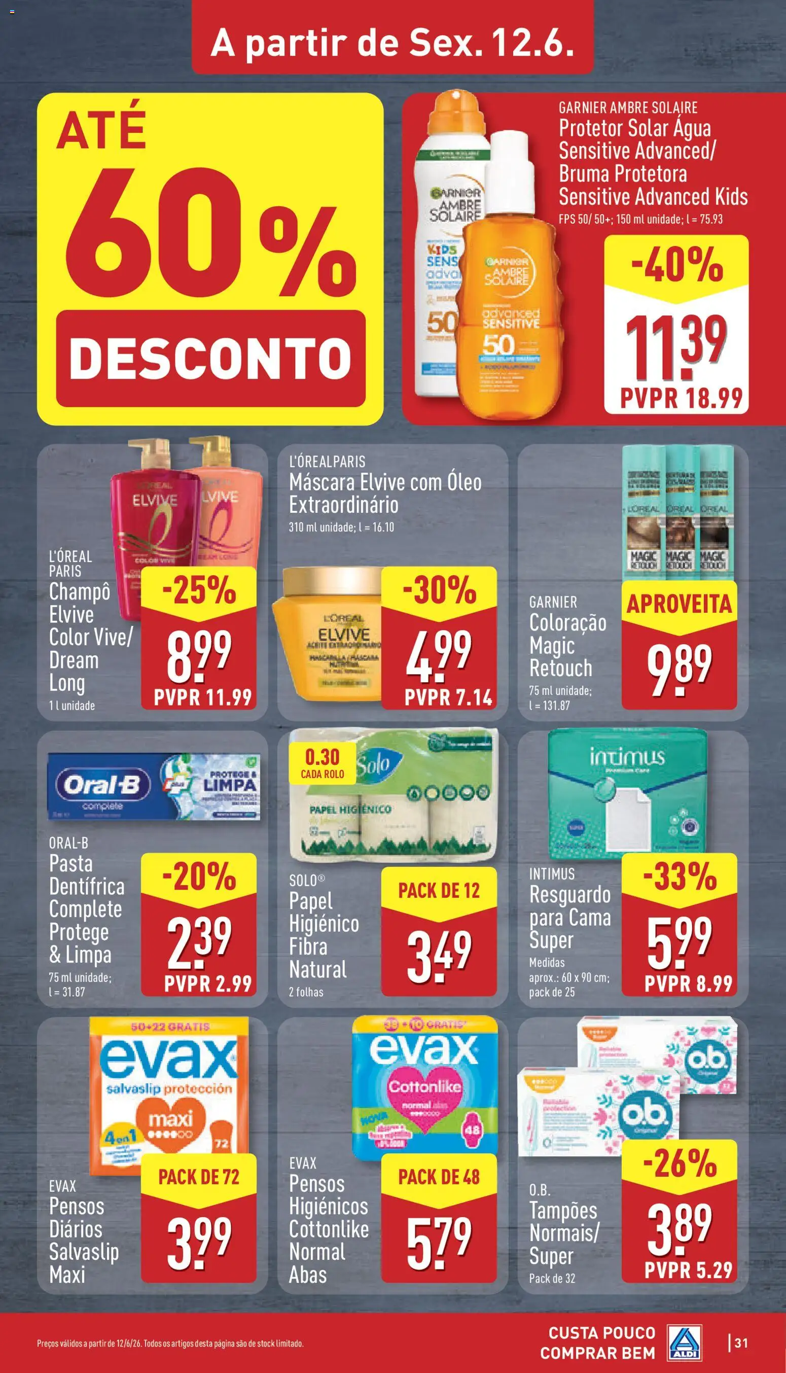 Aldi folheto │ válido de 08.06.2026 | Página: 31 | Produtos: Papel higiénico, Pensos higiénicos, Protetor solar, Óleo