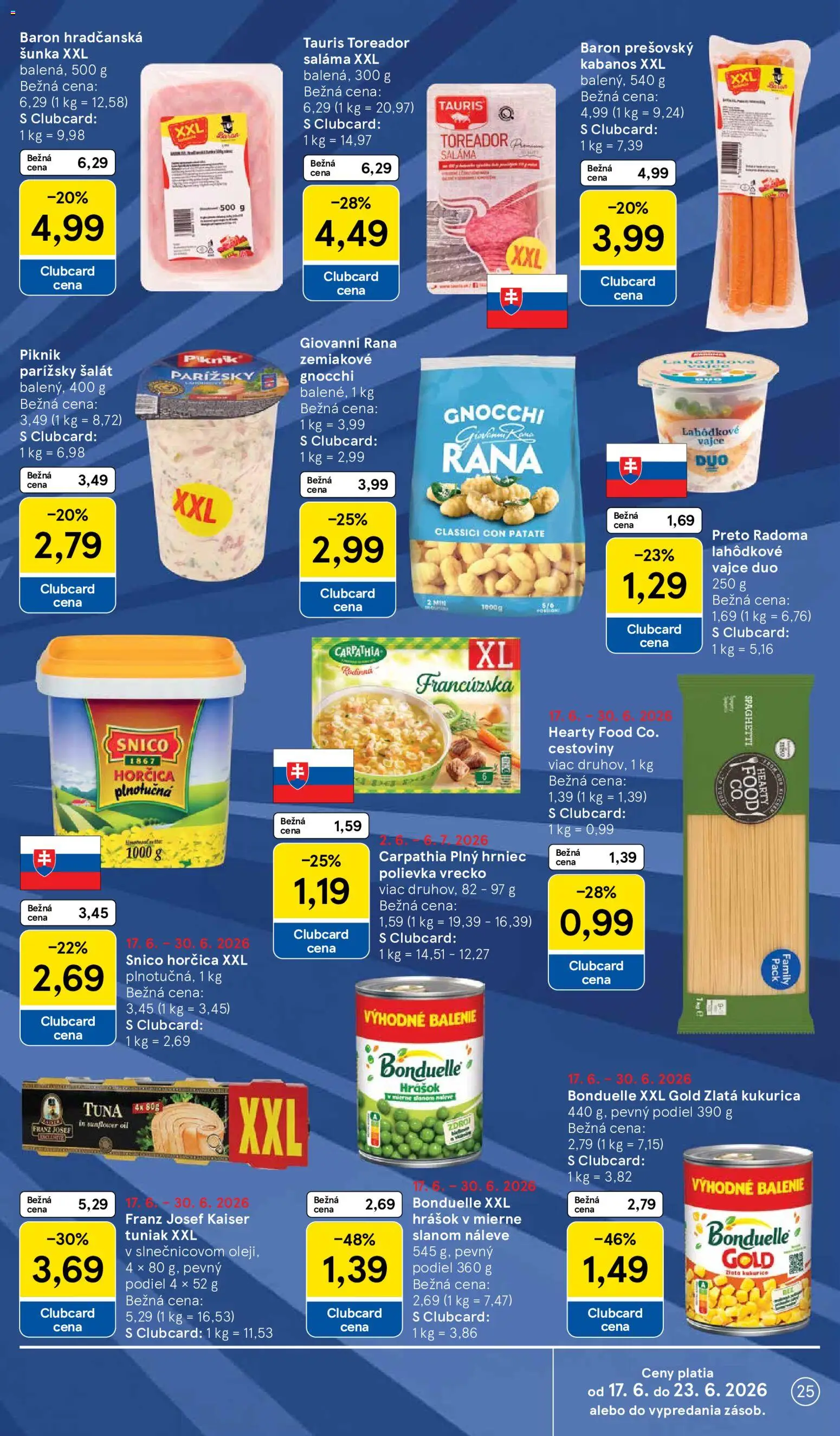 Nové Tesco akcie – leták je platný od 17.06.2026 | Strana: 25 | Produkty: Tuniak, Saláma, Hrášok, Kukurica