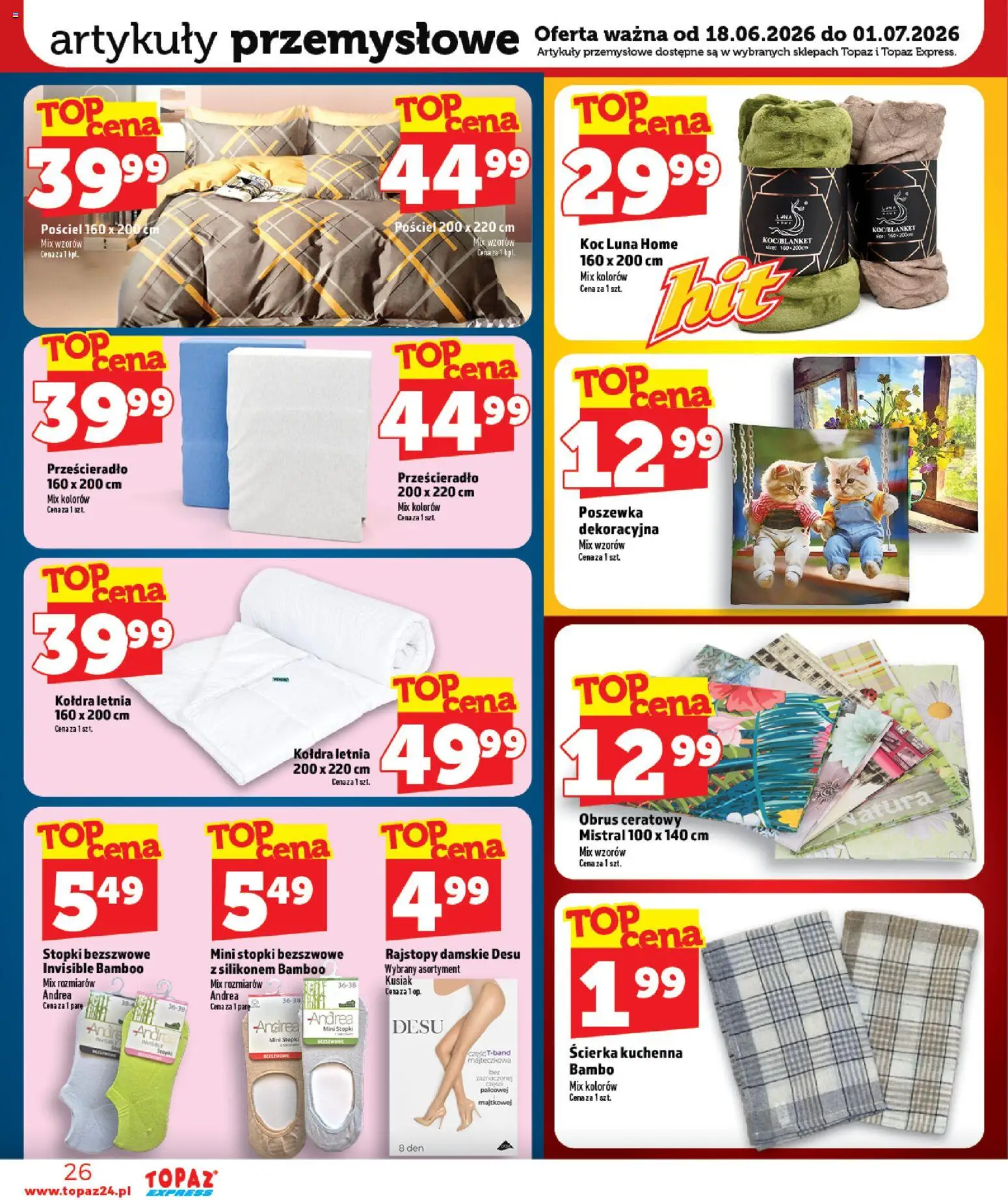 Topaz gazetka - Express od 18.06.2026 | Strona: 26 | Produkty: Pościel, Rajstopy, Koc, Kołdra