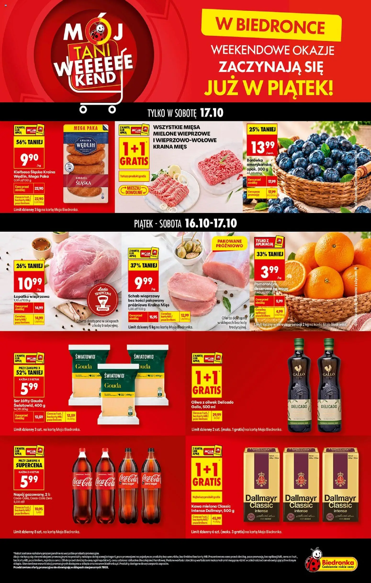 Biedronka gazetka - Tani weekend od 16.10.2026 | Strona: 1 | Produkty: Karta, Dallmayr, Schab wieprzowy bez kości, Coca cola