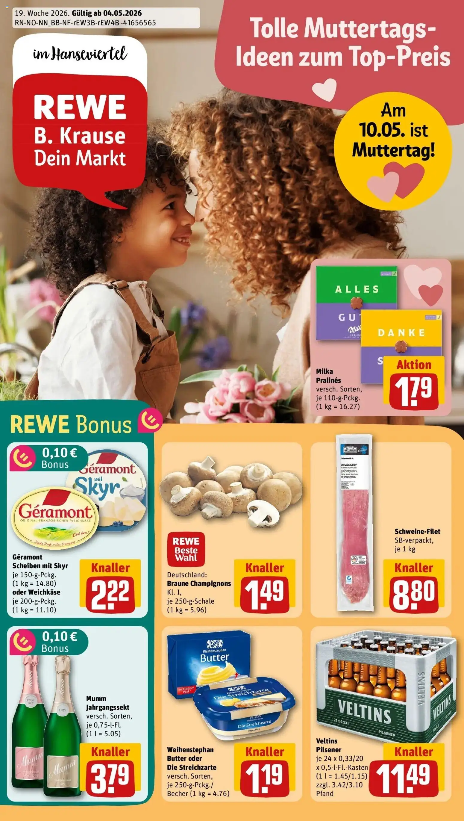 REWE Prospekt ab 04.05.2026 zum Blättern » Angebote | Seite: 1 | Produkte: Milka, Schweinefilet, Champignons, Veltins