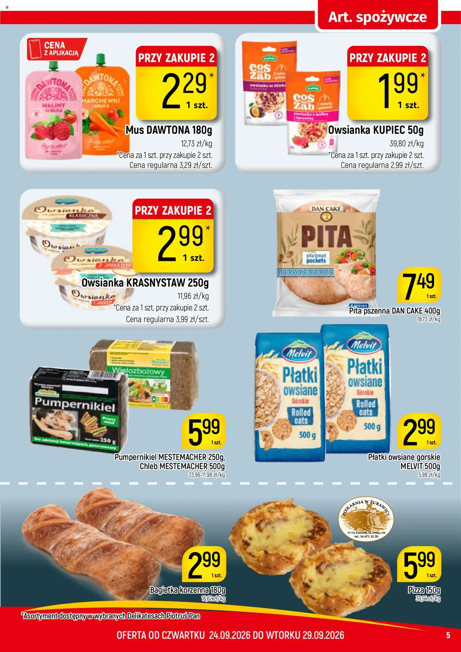 Piotruś Pan gazetka od 24.09.2026 | Strona: 5 | Produkty: Pumpernikiel, Bagietka, Płatki owsiane górskie, Pita