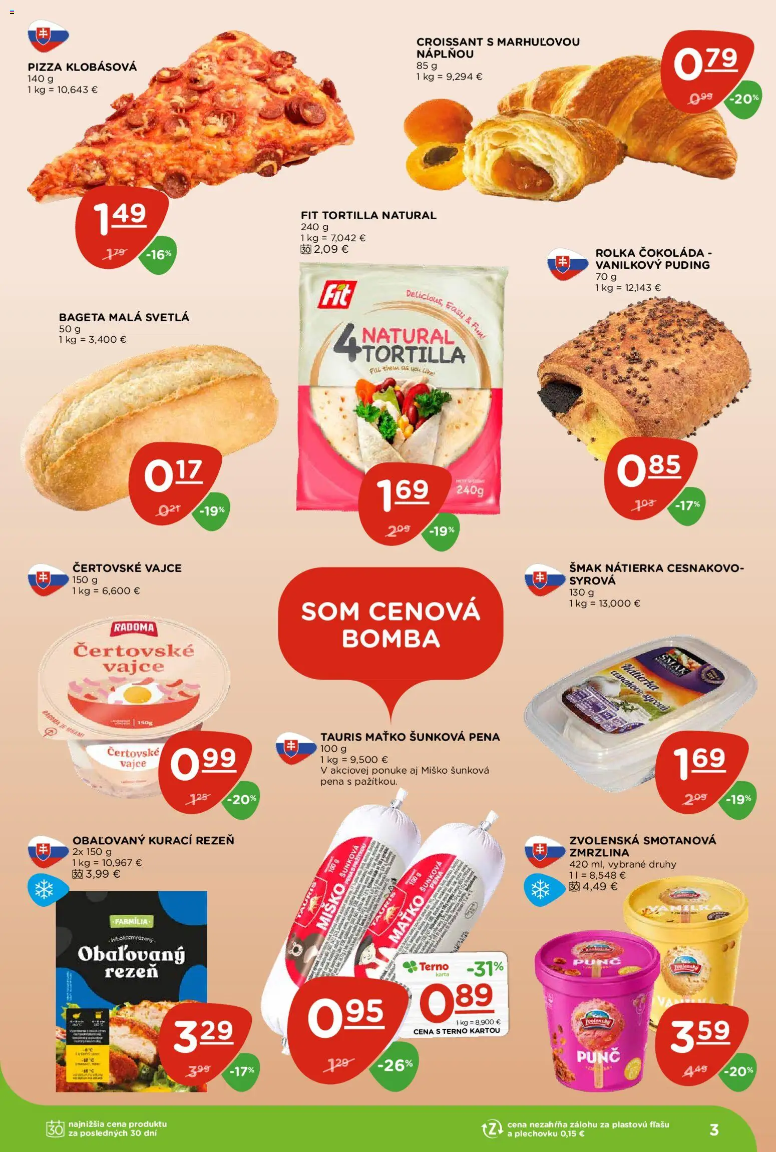 Nové Terno akcie – leták je platný od 23.04.2026 | Strana: 3 | Produkty: Pizza, Croissant, Puding, Svetlá