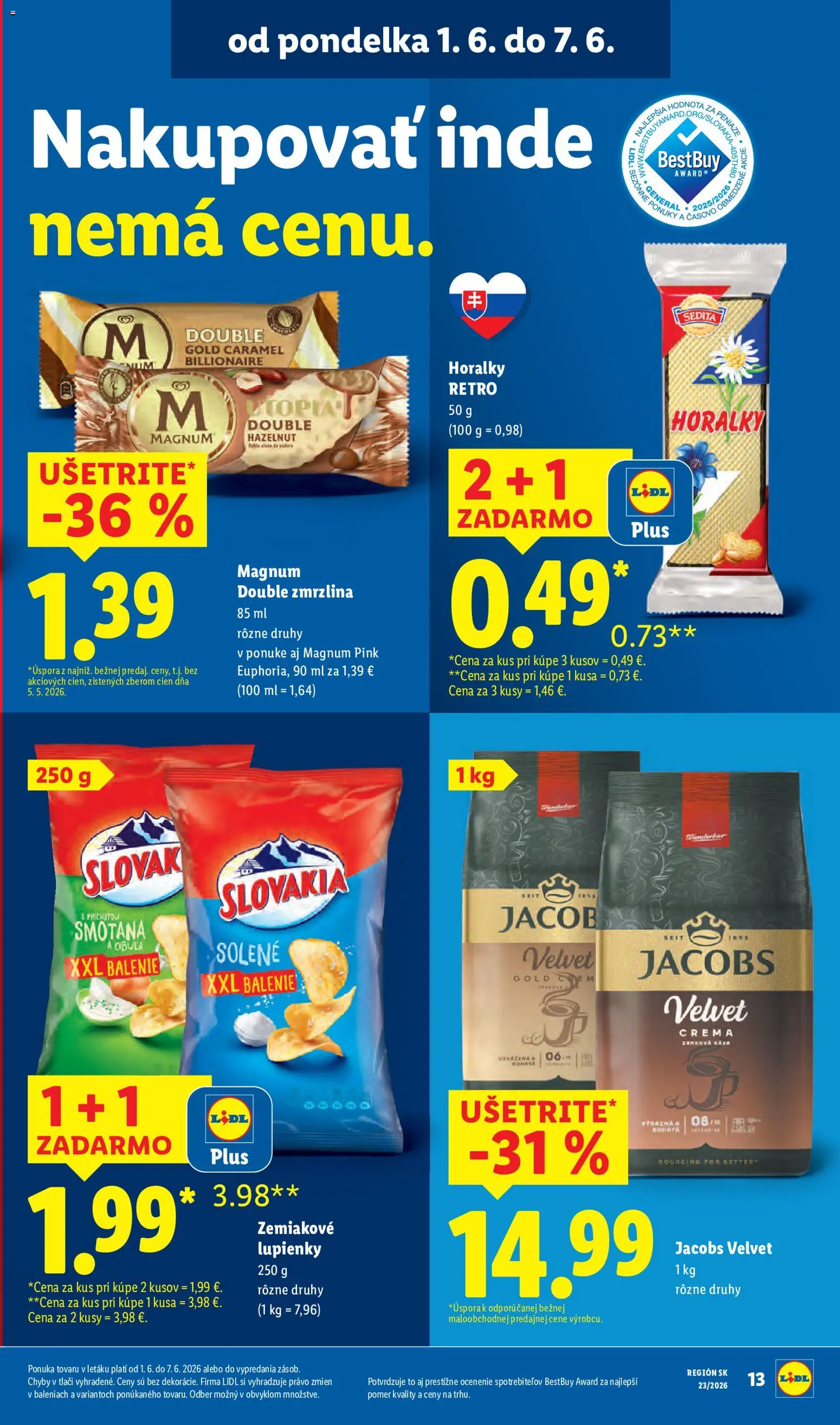 Nové Lidl akcie – leták je platný od 01.06.2026 | Strana: 23 | Produkty: Jacobs Velvet, Zmrzlina, Cibuľa, Horálky