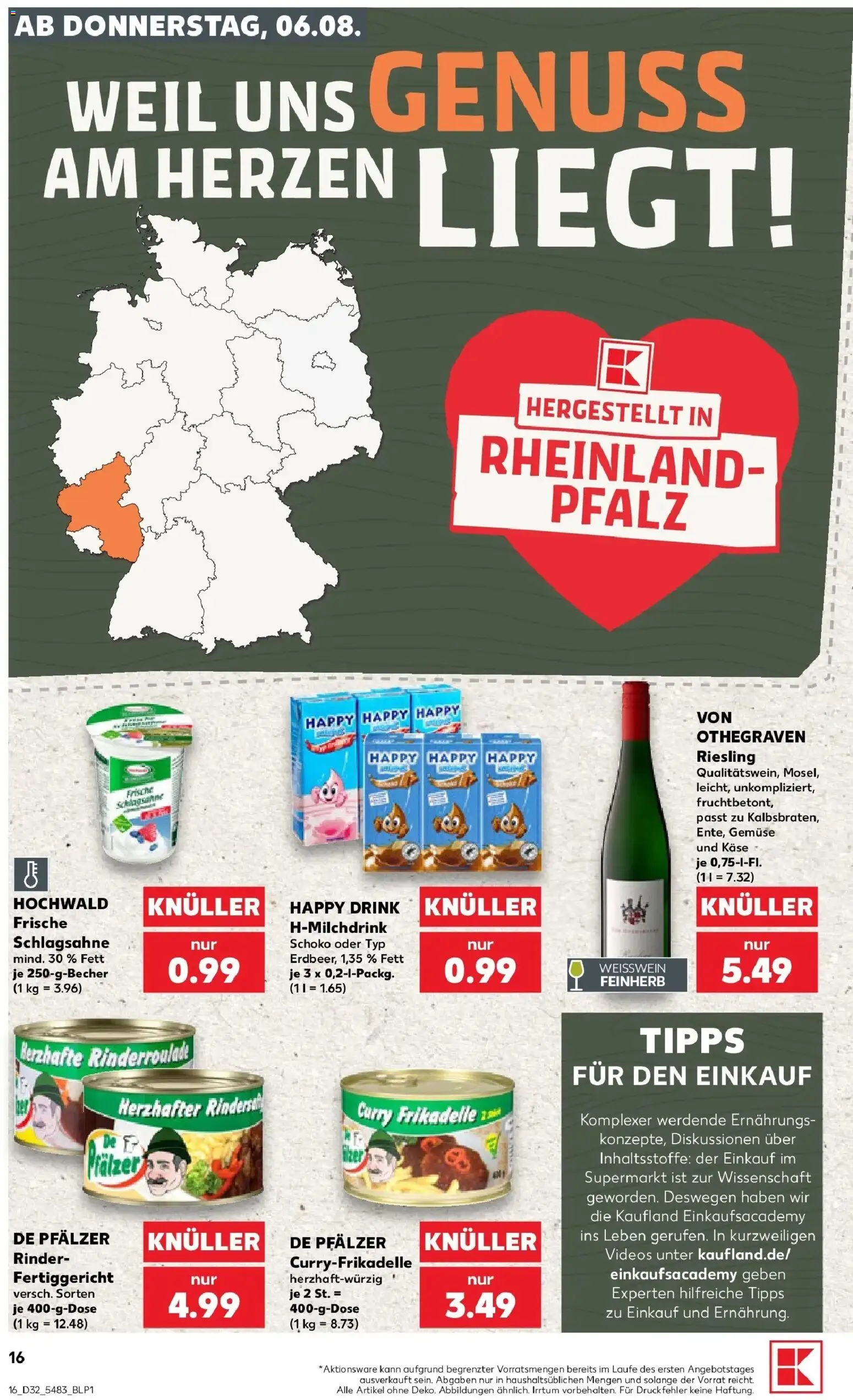 Prospekt Kaufland ab 06.08.2026 » Angebote Online zum Blättern | Seite: 16 | Produkte: Schlagsahne, Käse, Weißwein, Gemüse