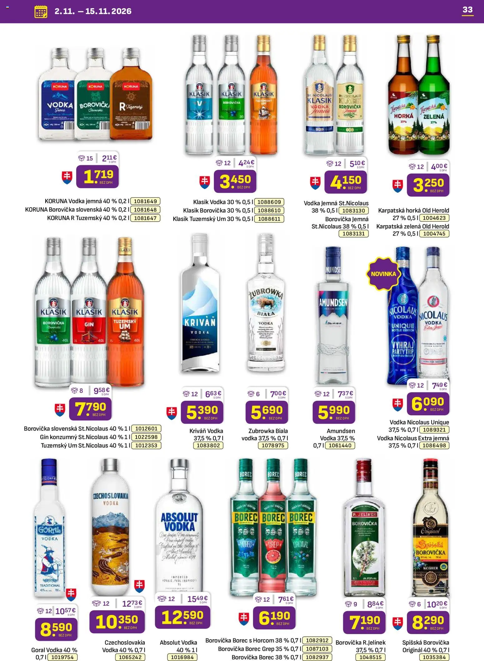 Nové Libex akcie – leták je platný od 02.11.2026 | Strana: 33 | Produkty: Borovička, Gin, Vodka, Nicolaus vodka
