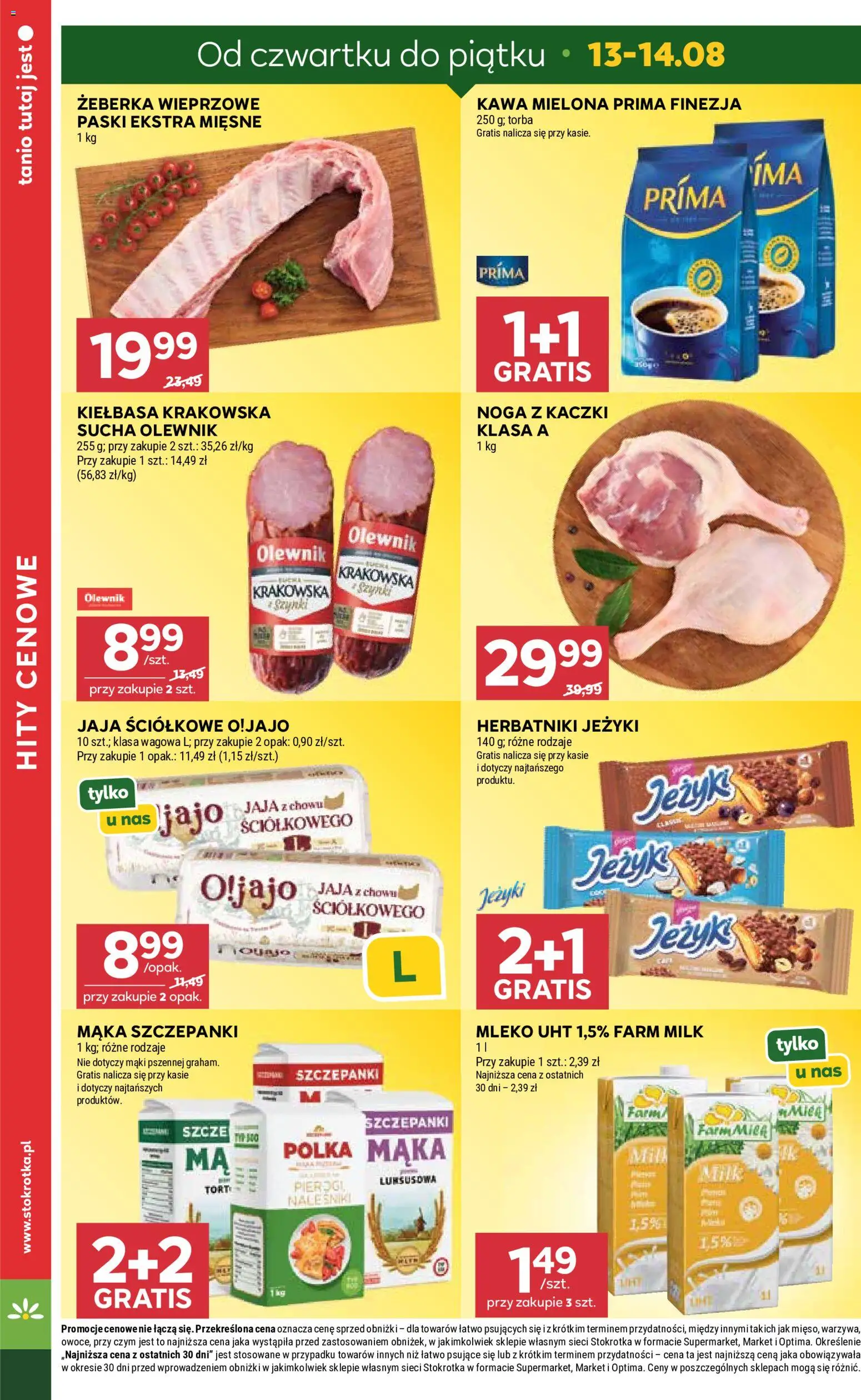 Stokrotka gazetka od 13.08.2026 | Strona: 4 | Produkty: Kiełbasa, Kawa mielona Prima, Kiełbasa krakowska, Naleśniki