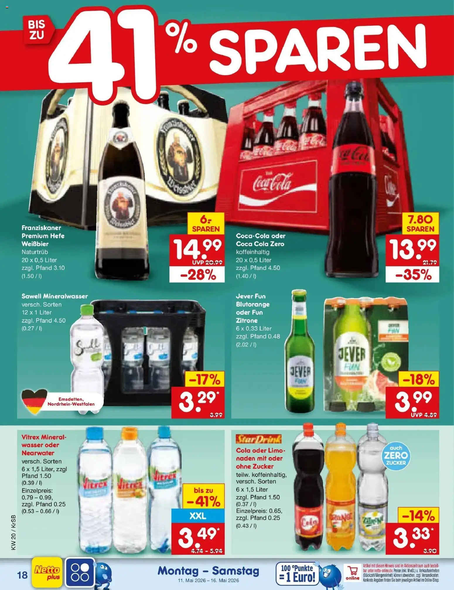 Netto Marken-Discount Prospekt Jüchen	 – gültig ab 10.05.2026 | Seite: 23 | Produkte: Franziskaner, Cola, Mineralwasser, Jever