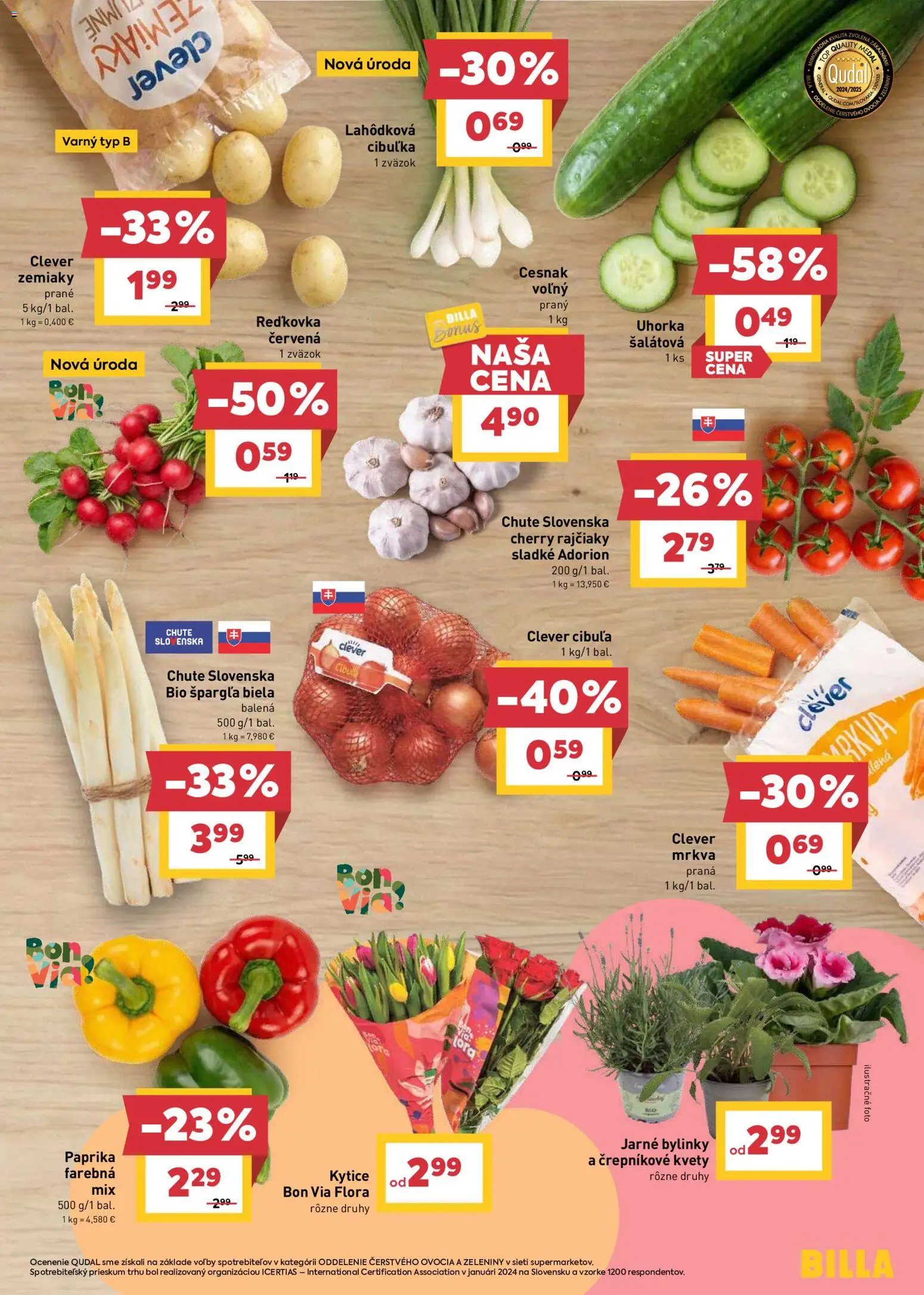 Nové Billa akcie – leták je platný od 22.04.2026 | Strana: 3 | Produkty: Paprika, Cesnak, Mrkva, Špargľa