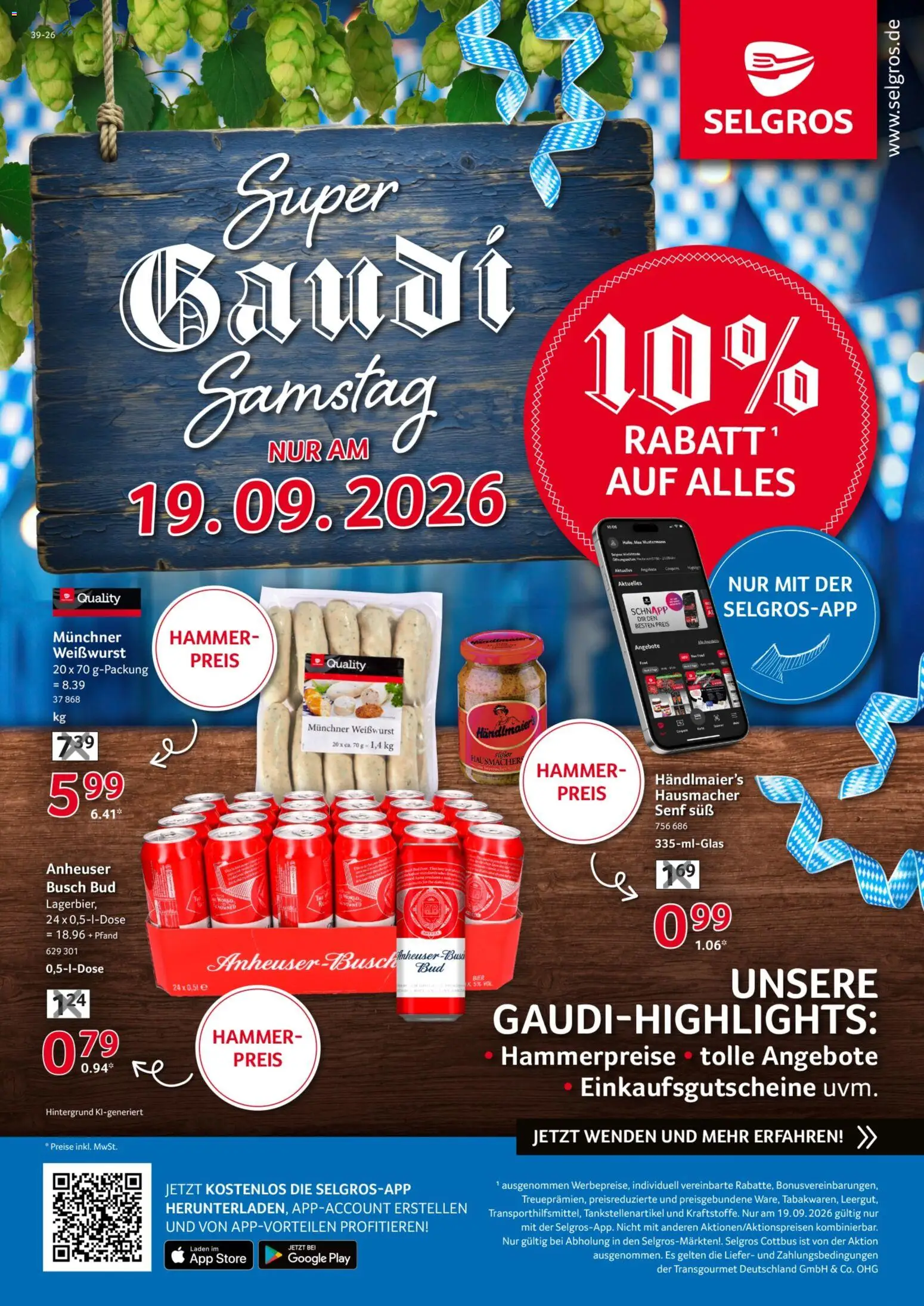 Selgros Super Gaudi Samstag – gültig ab 19.09.2026 | Seite: 1 | Produkte: Bier, Weißwurst