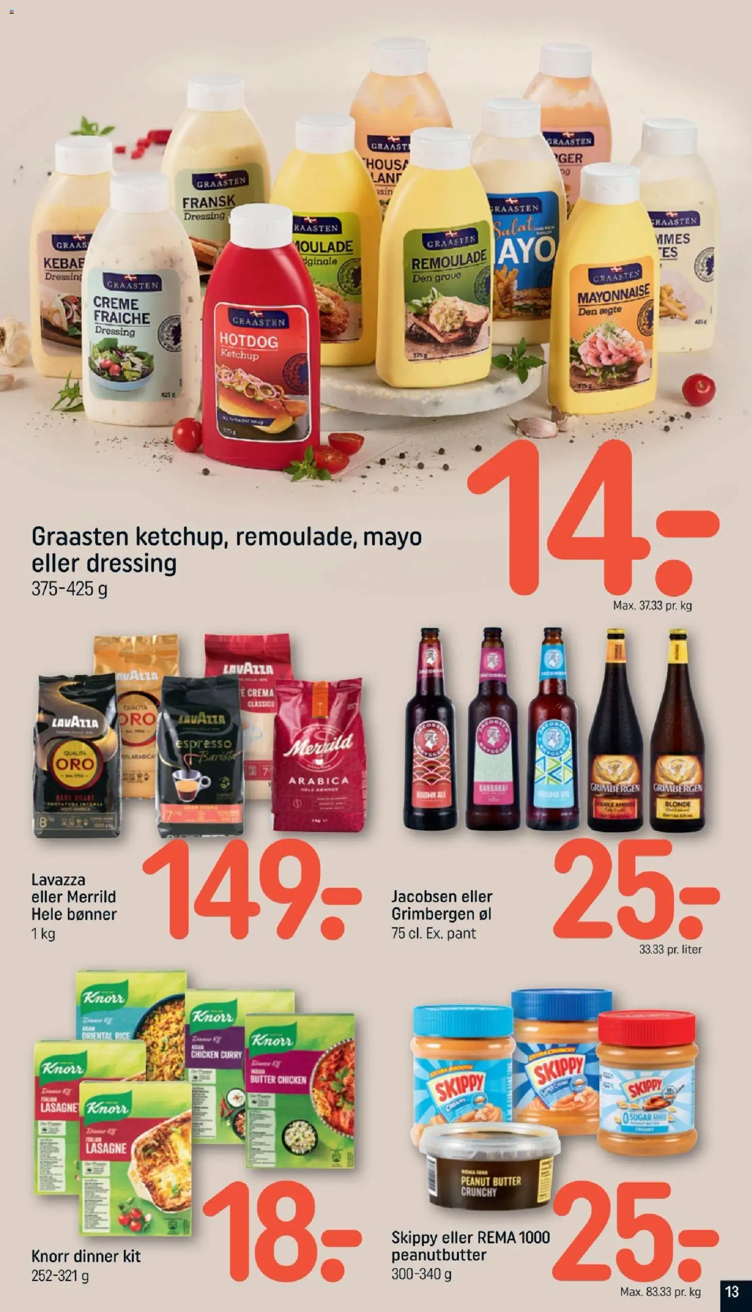 Rema 1000 tilbudsavis – gyldig fra 11/10/2026 | Side: 13 | Produkter: Øl, Bønner, Peanutbutter, Lasagne