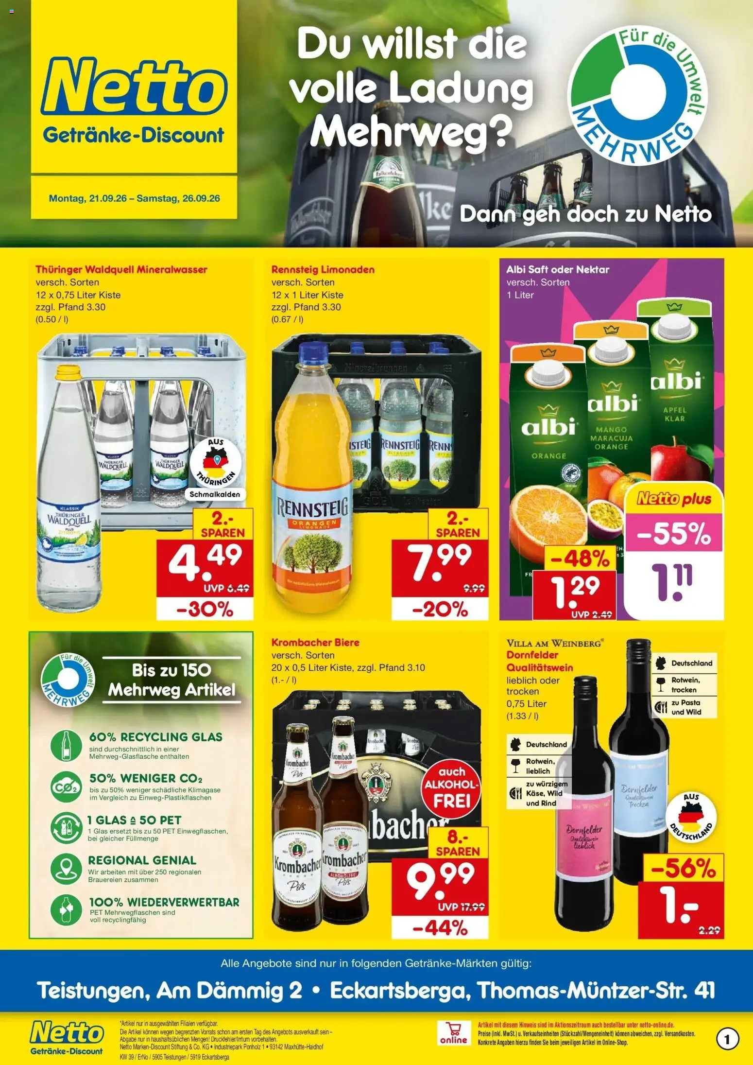 Netto Marken-Discount Prospekt Teistungen – gültig ab 21.09.2026 | Seite: 1 | Produkte: Pils, Orangen, Mango, Krombacher