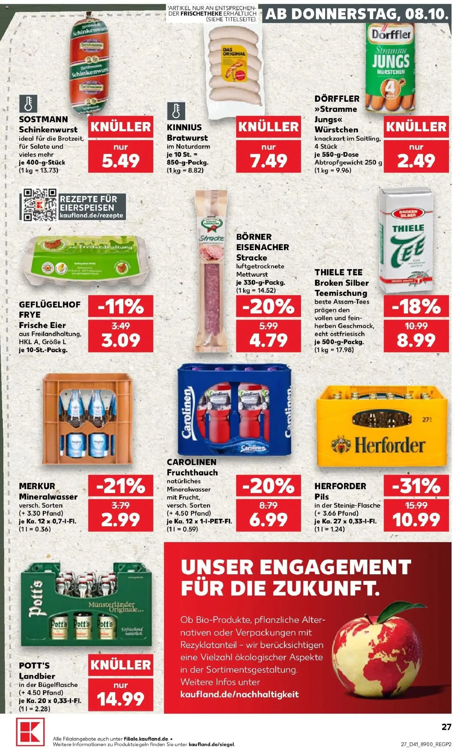 Prospekt Kaufland ab 08.10.2026 » Angebote Online zum Blättern | Seite: 27 | Produkte: Eier, Bratwurst, Mineralwasser, Tee