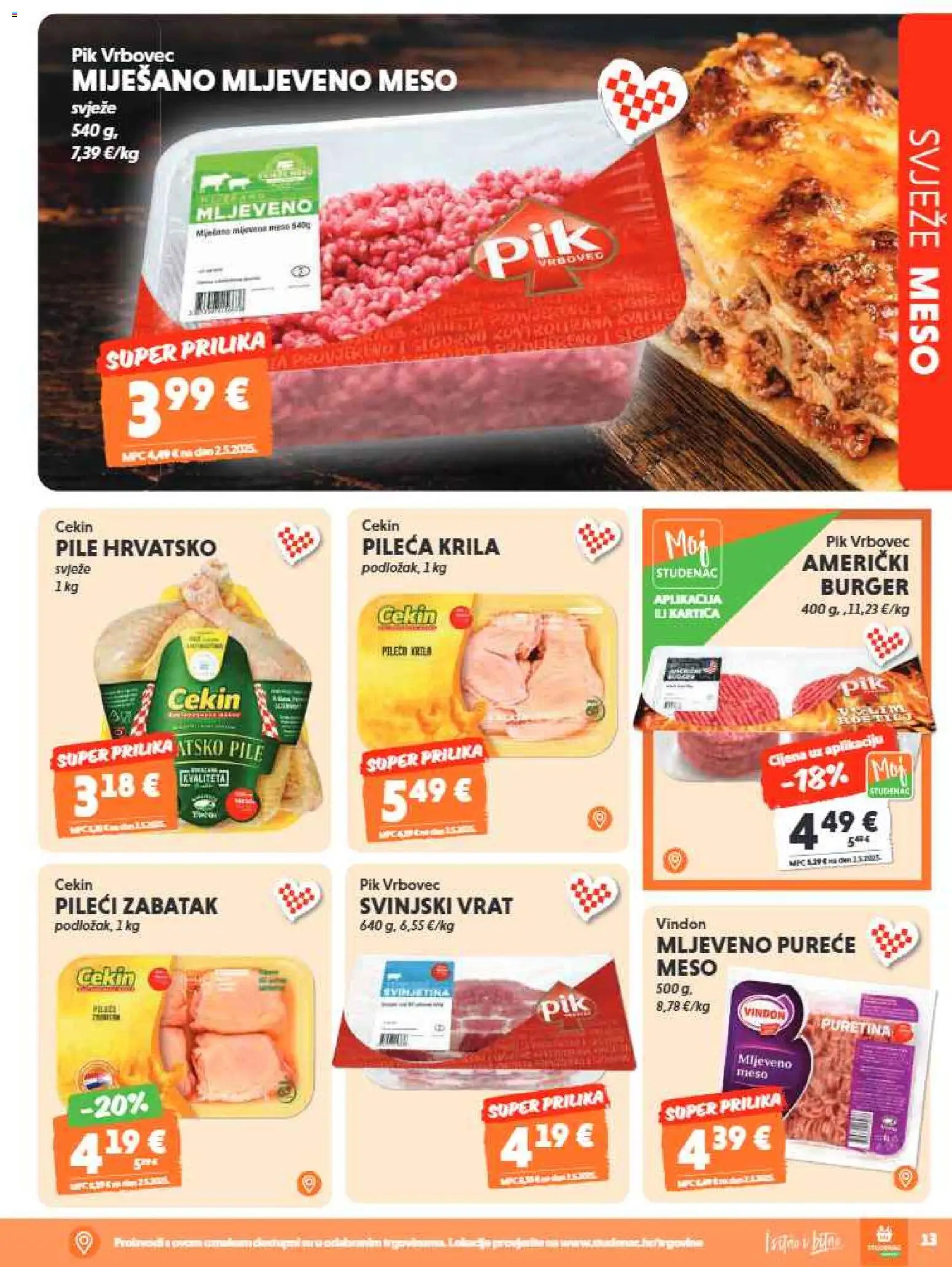 Studenac katalog | vrijedi od 17.06.2026 | Stranica: 13 | Proizvodi: Pileća krila, Meso, Mljeveno meso, Pik Vrbovec
