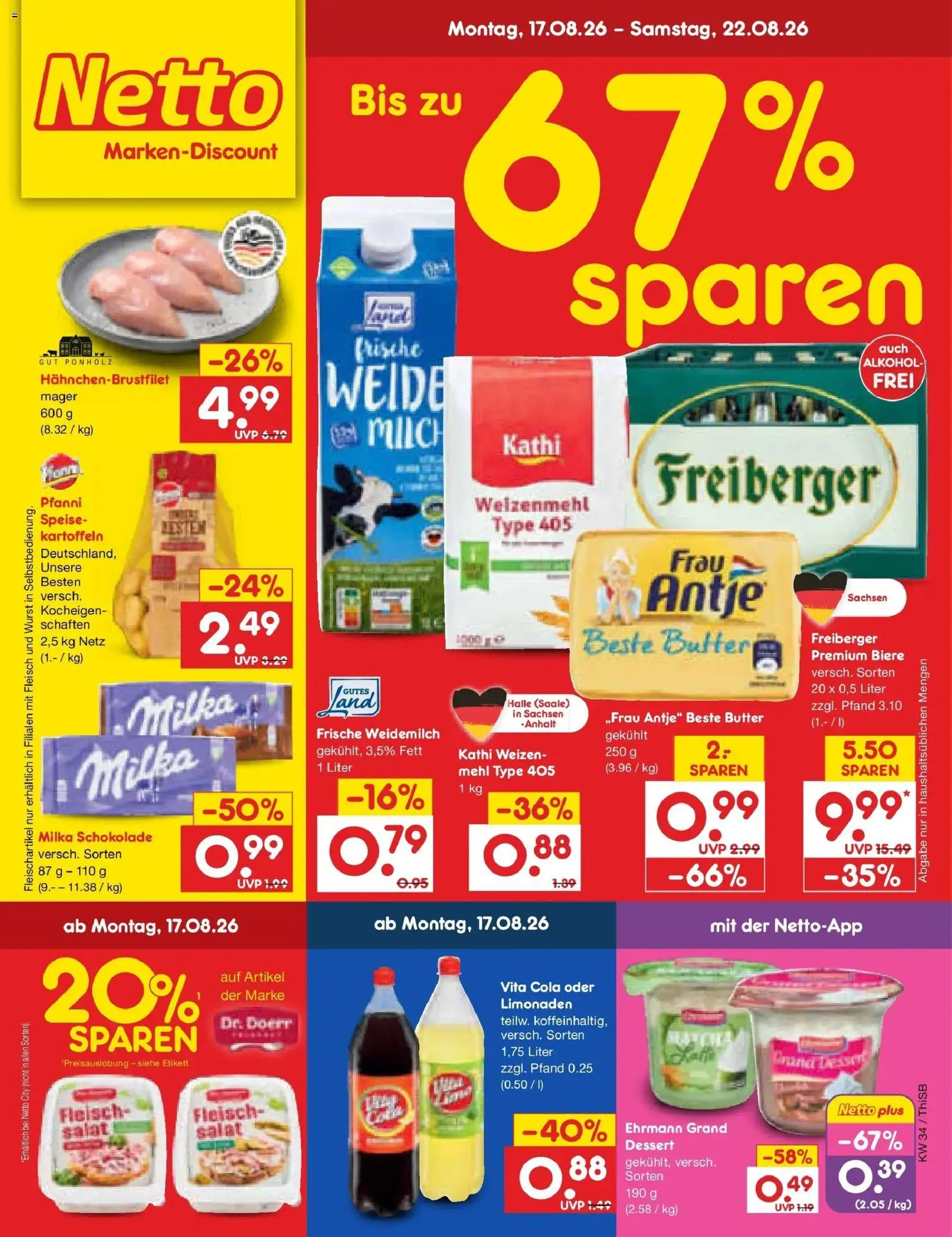 Netto Marken-Discount Prospekt Pirna – gültig ab 17.08.2026 | Seite: 1 | Produkte: Butter, Schokolade, Alkohol, Fleisch