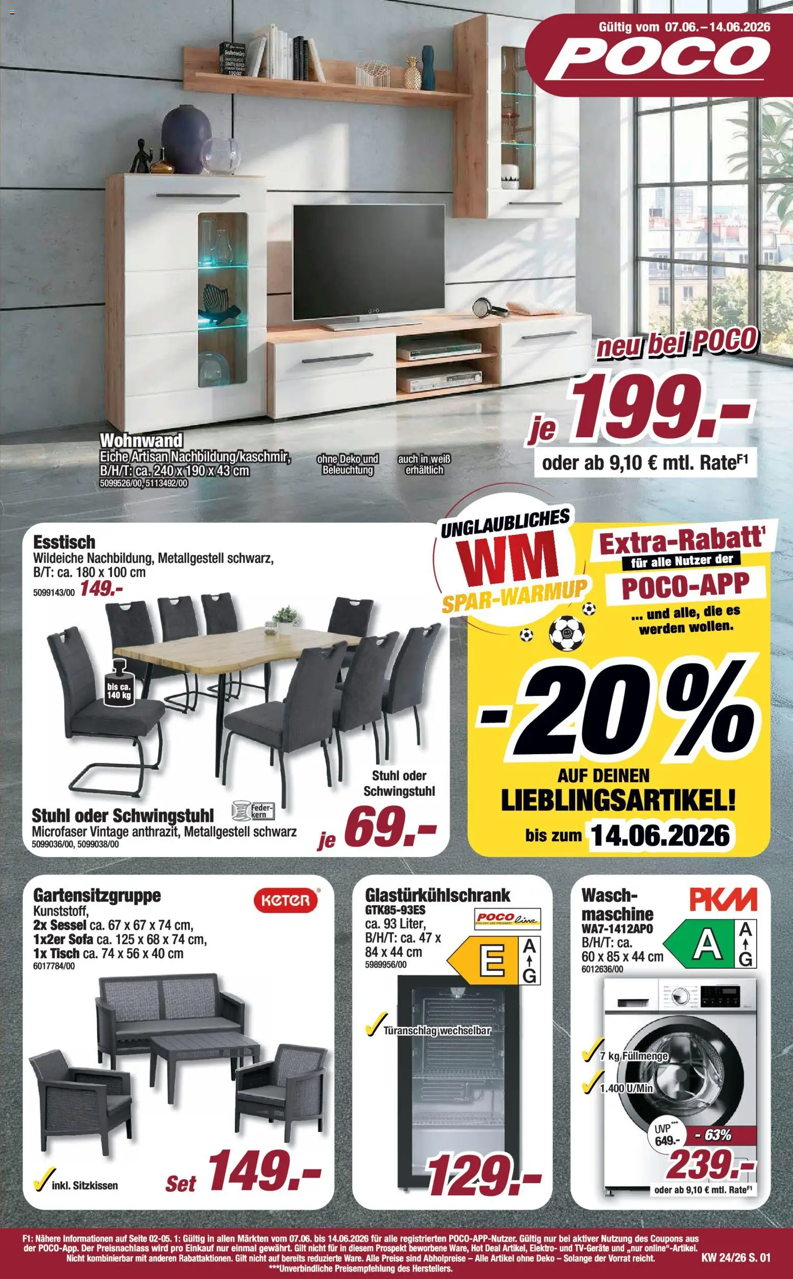 Poco Prospekt – gültig ab 07.06.2026 | Seite: 1 | Produkte: Wohnwand, Esstisch, Sessel, Stuhl