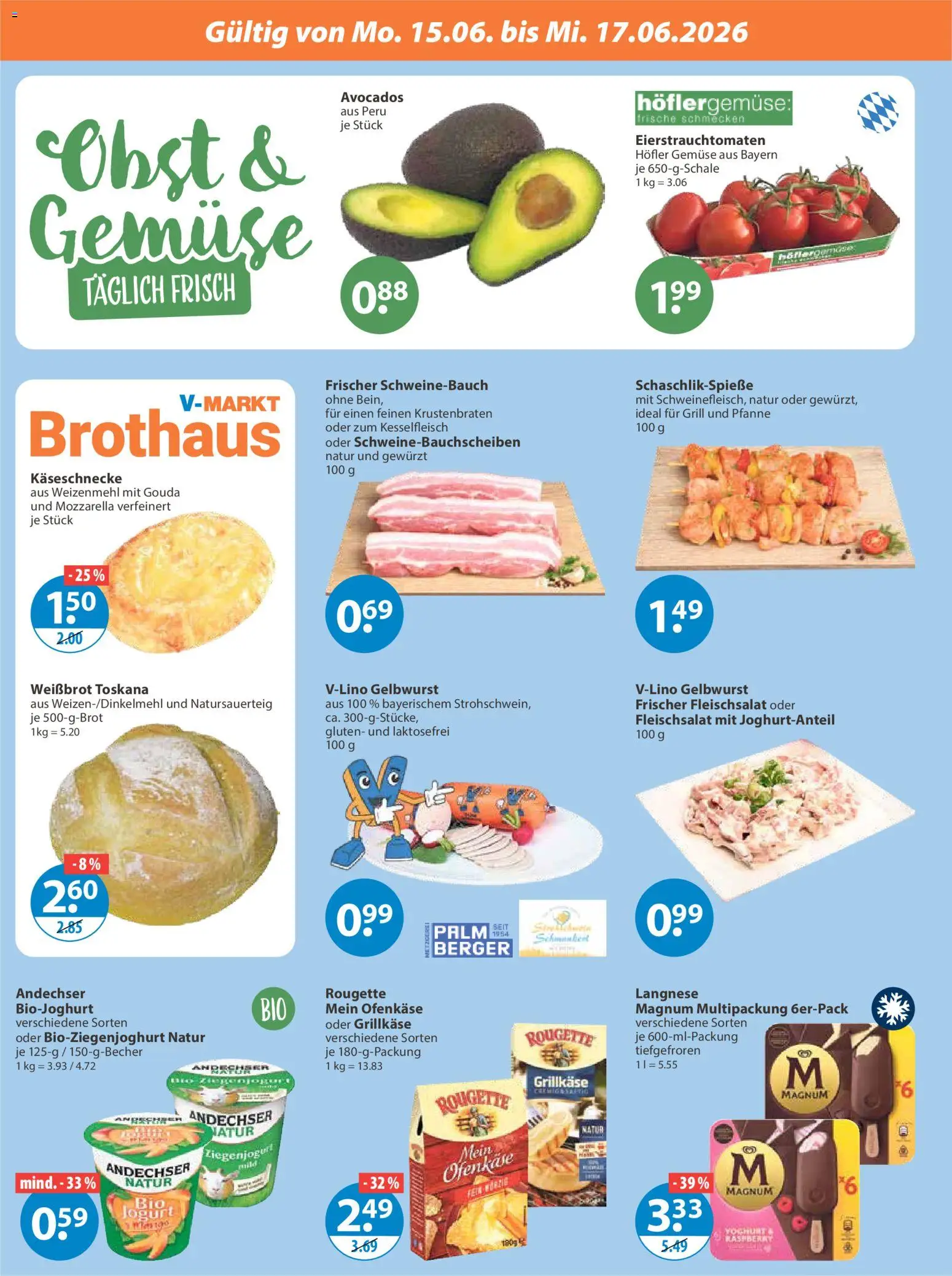 V-Markt München ab Montag – gültig ab 15.06.2026 | Seite: 2 | Produkte: Grill, Langnese, Krustenbraten, Gemüse